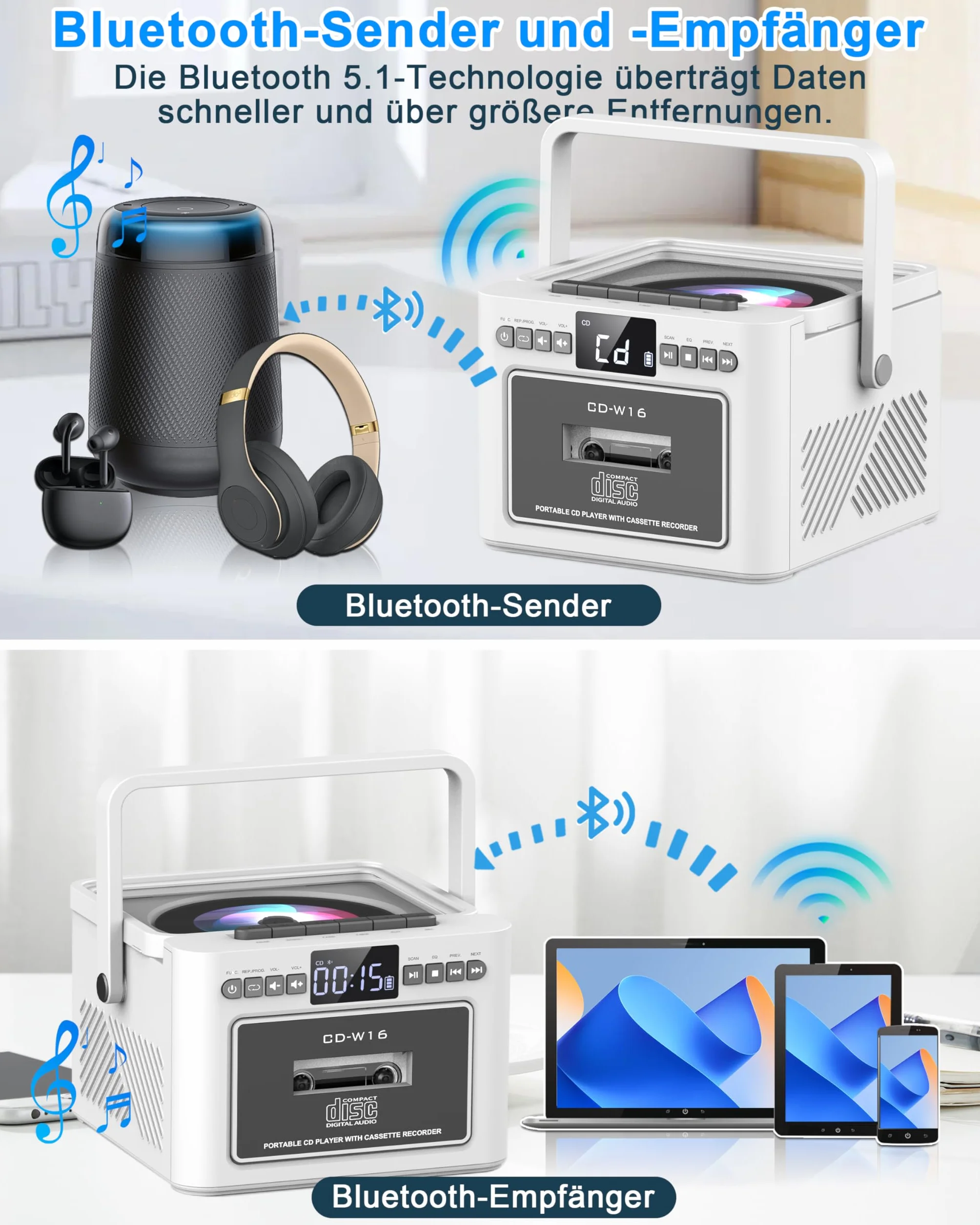 Greadio Lettore CD Portatile, Boombox con Lettore di Cassette e Radio FM, Bluetooth 5.1, Batteria Ricaricabile da 5000mAh, Telecomando, Ingresso AUX/USB/Scheda SD, Altoparlante da 5W, Schermo LED