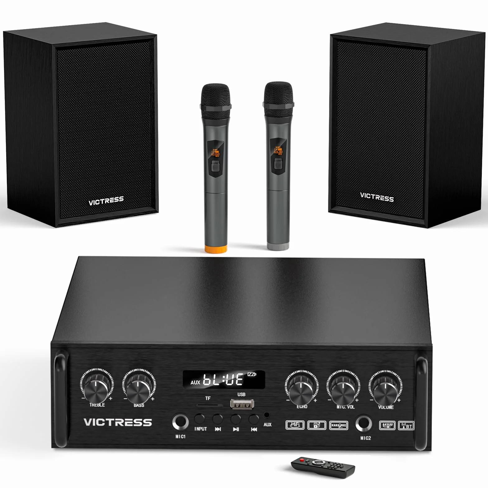 Ricevitori e amplificatore audio domestico all-in-one con altoparlante HiFi professionale e doppi microfoni wireless UHF, set di amplificatori stereo Bluetooth 5.0 per casa/festa/musica, USB/TF/AUX
