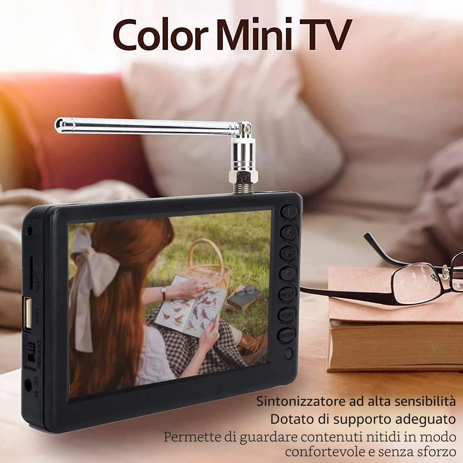 TV Portatile da 5 Pollici ATSC HD TFT LED Mini TV Digitale 1080P con Telecomando e Batteria 1500 mAh per Auto