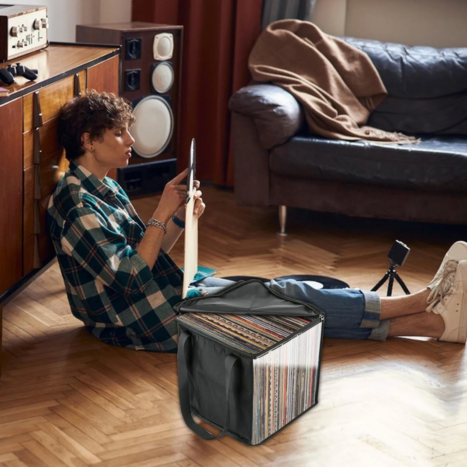 Borsa per Trasporto di Dischi in Vinile, Custodia Portatile per Dischi in Vinile, Organizer per Dischi con Coperchio Scatola Porta Raccolta per Contenere Fino A 50 Dischi LP