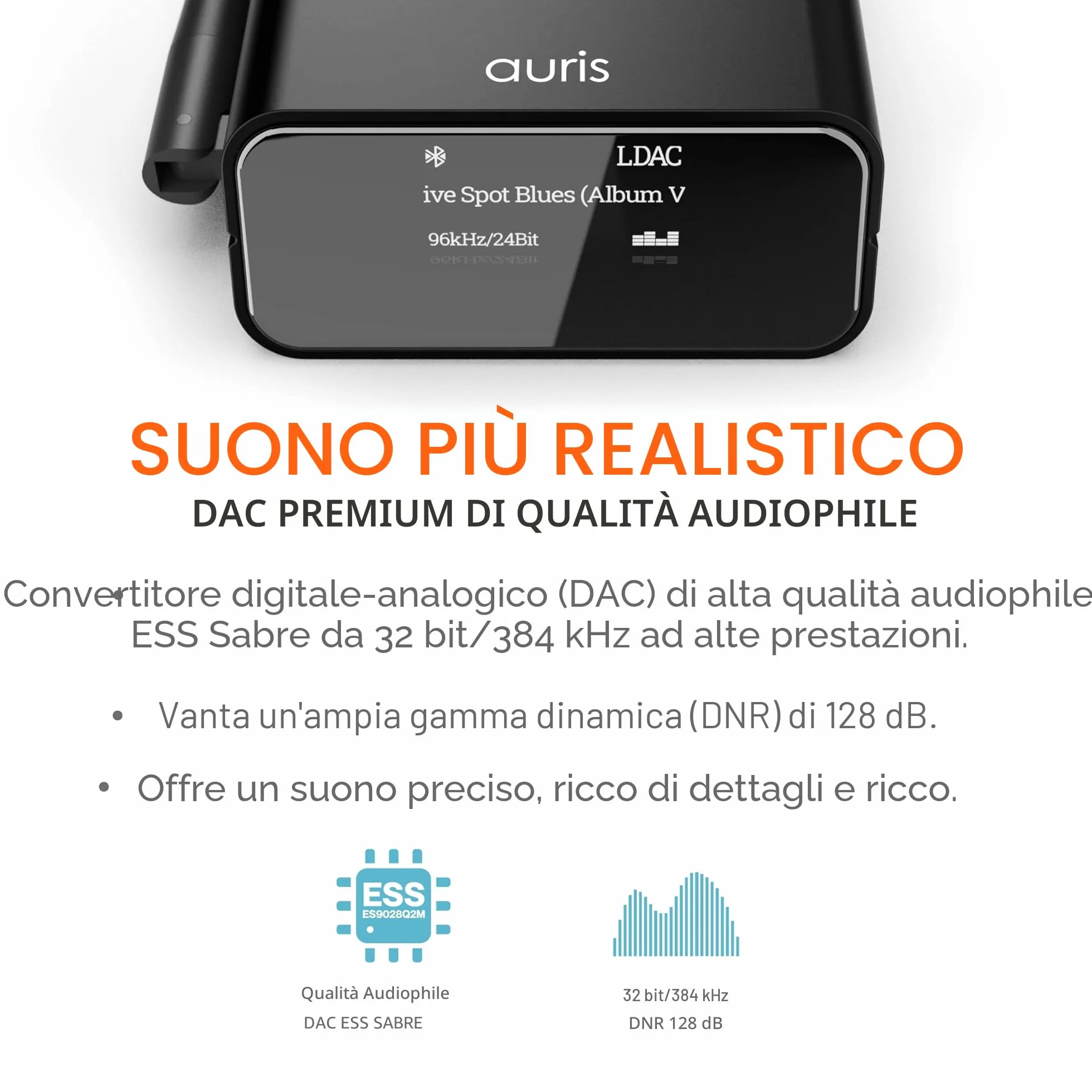 Auris Blume Pro - Ricevitore musicale Hi-Fi Bluetooth 5.0, adattatore Bluetooth con DAC, LDAC, AptX HD, display OLED, uscita AUX coassiale ottica per home stereo, ricevitore AV o amplificatore