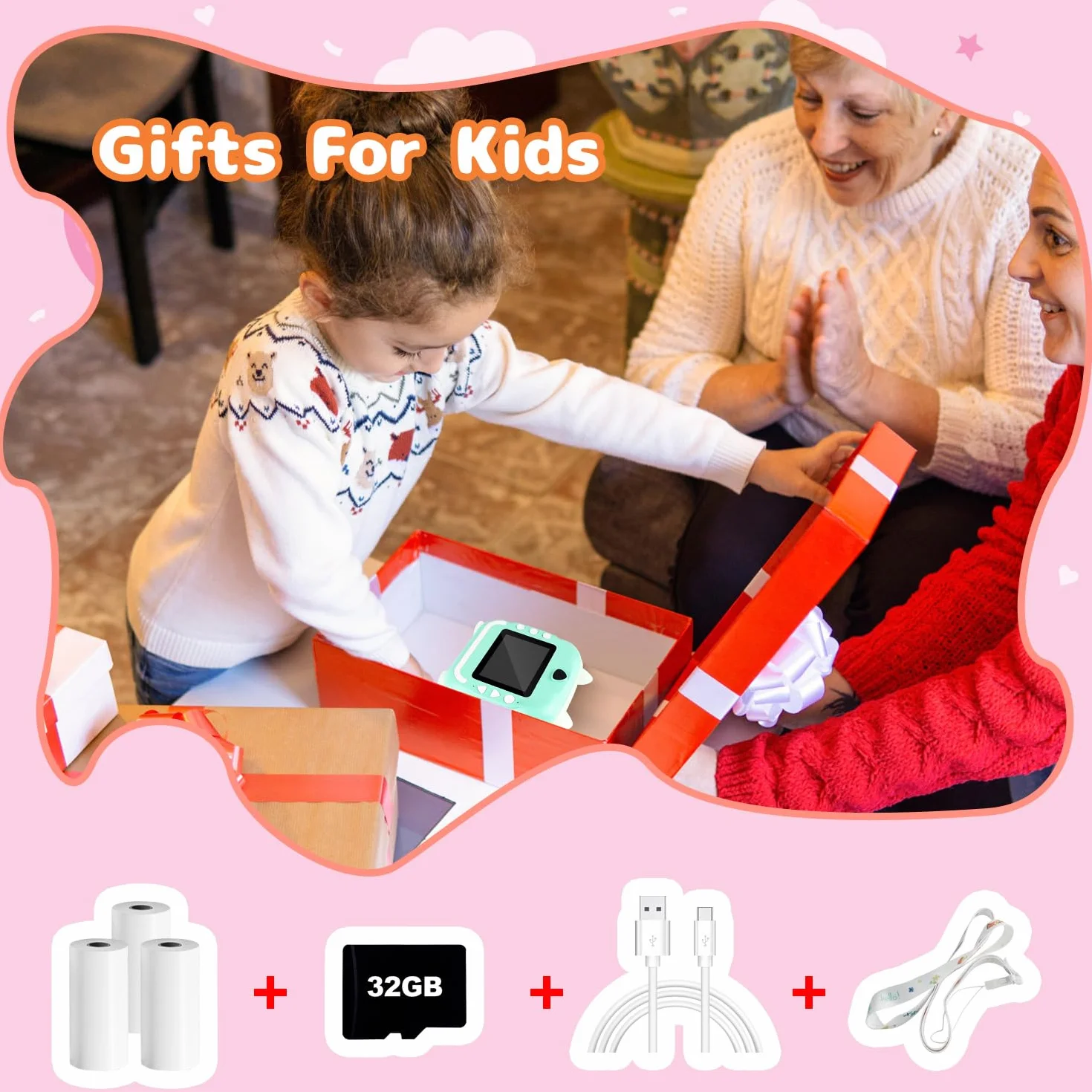Macchina Fotografica Istantanea per Bambini,2,4 Pollici Digitale Fotocamera Instant Print 1080P HD Videocamera Obiettivo Fotocamera con 32GB Scheda e Carta Fotografica per Stampa，Regalo di Compleanno