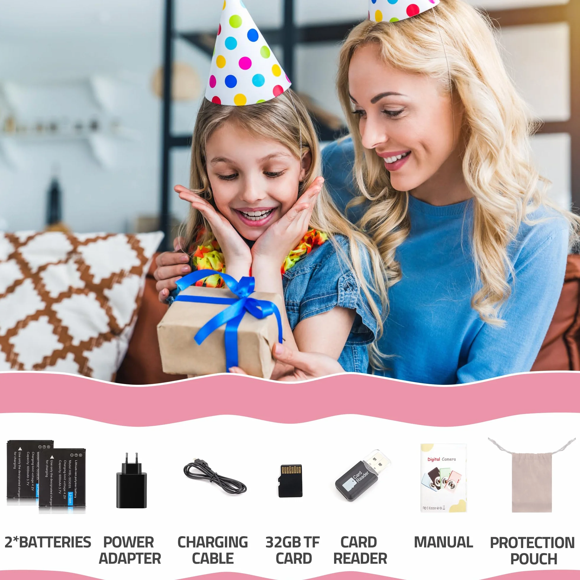 Fotocamera Digitale, HD 1080P con Scheda di Memoria da 32 GB, Fotocamera da 48 Megapixel, LCD da 2,4 Pollici con Zoom Digitale 16x per Ragazze, Adolescenti, Ragazzi e Principianti (Rosa)