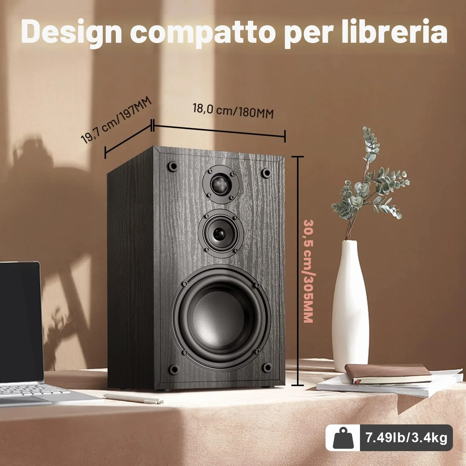 Passive Bookshelf Speakers, 3-Way 80W RMS / 240W Peak Power, 2.0 Stereo Home Theater Speakers with Deep Bass 48Hz, HiFi Audio for TV & PC Studio Use