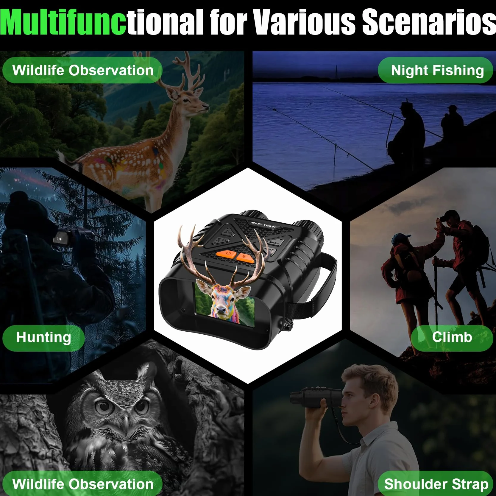GlobalCrown Visore Notturno binocolo visione notturna,Binocolo infrarossi con zoom 10x e scheda 32GB per foto e video,Cannocchiale per l'osservazione della fauna selvatica,caccia e pesca notturna