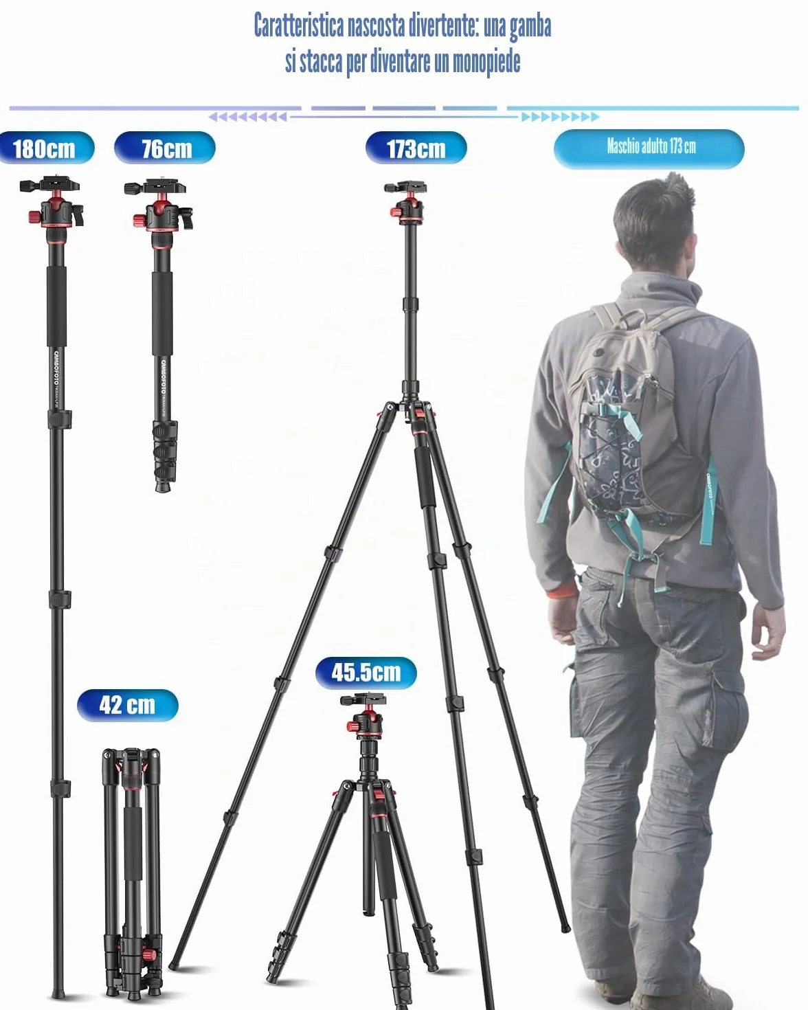 CAMBOFOTO Treppiede professionale per fotocamera, 173 cm, treppiede portatile in alluminio con monopiede da 180 cm/testa a sfera a 360°, clip per iPad e borsa per il trasporto