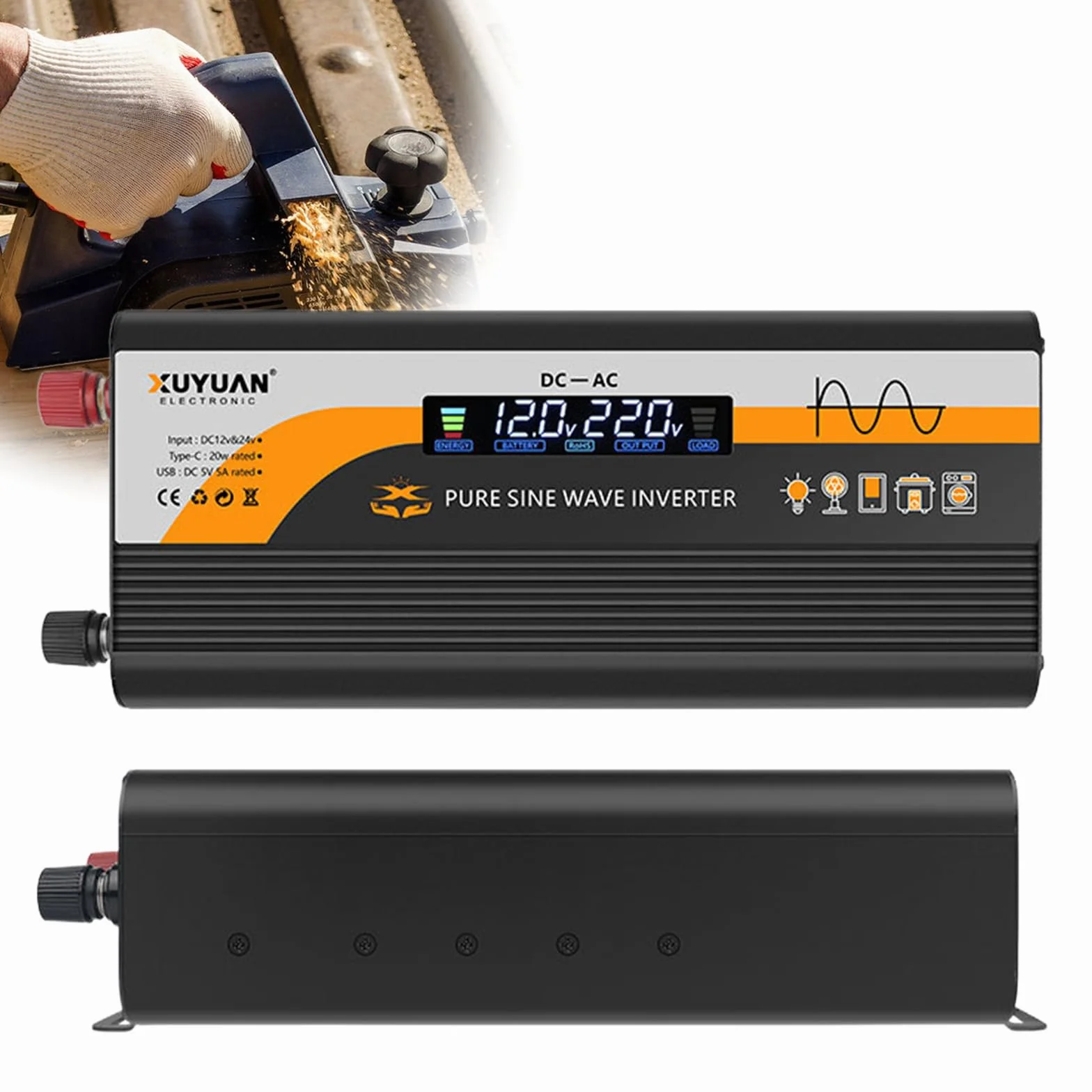 Invertitore sinusoidale puro da 800 W, 12 V a 230 V, convertitore di tensione con presa europea, USB (5 V/3 A), connettore di tipo C e display LCD, convertitore di corrente DC AC per auto, camper e