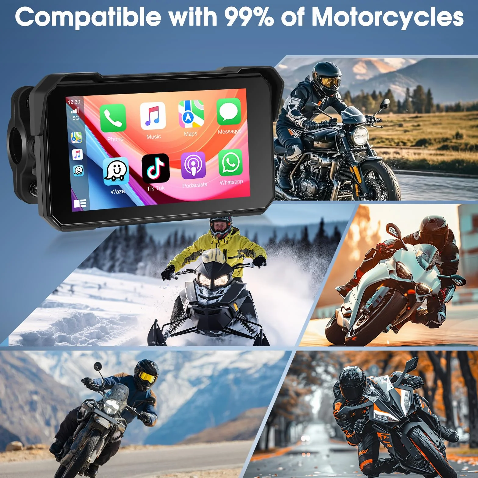 Navigatore Moto Wireless con Apple CarPlay Android Auto, IP68, Touchscreen 5 Pollici HD, GPS, Bluetooth 5.0