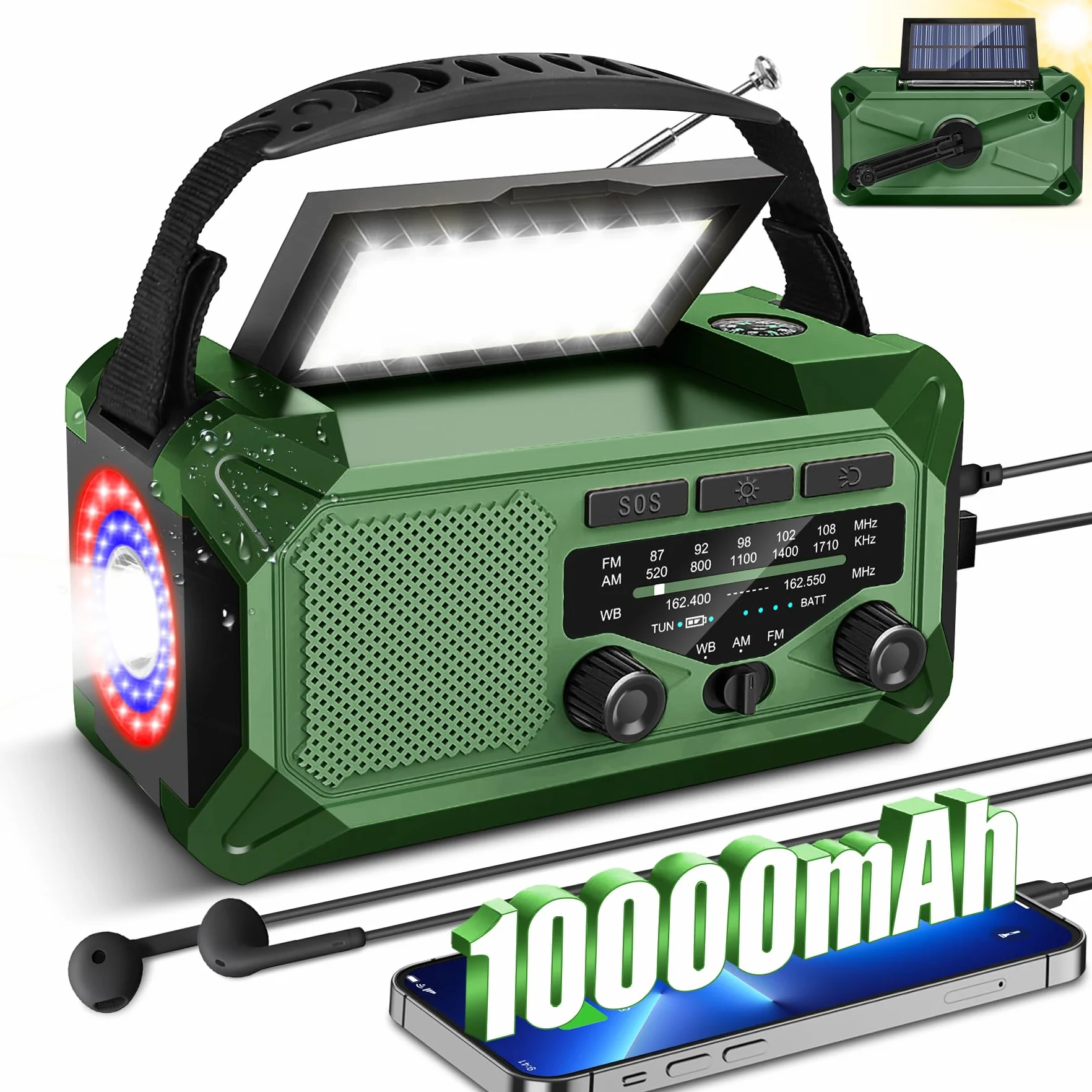 Radio meteorologica di emergenza 10000 mAh 37000 mWh NOAA/AM/FM solare a manovella con torcia, caricatore telefono, bussola, lampada da lettura