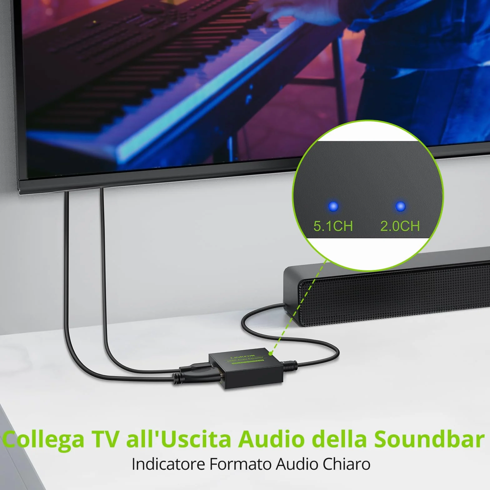 LiNKFOR Convertitore eARC/ARC a Ottico 192kHz con Cavi HDMI Ottico Estrattore Audio HDMI eARC Supporto Dolby 5.1/DTS eARC ARC Audio Extractor per Soundbar, Home Cinema, Cuffie Wireless