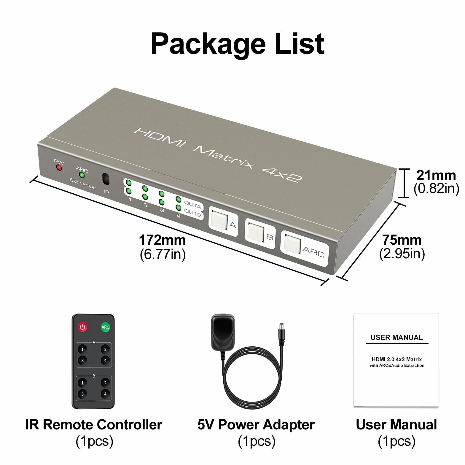 HDMI Matrix Switch 4K60Hz 4 in 2 Out Switcher Splitter Optical 3.5mm AUX Audio Output con IR Remote Supporta ARC 4K 3D e 1080P HDR Vision Atmos 18Gbps with EDID HDCP 2.2