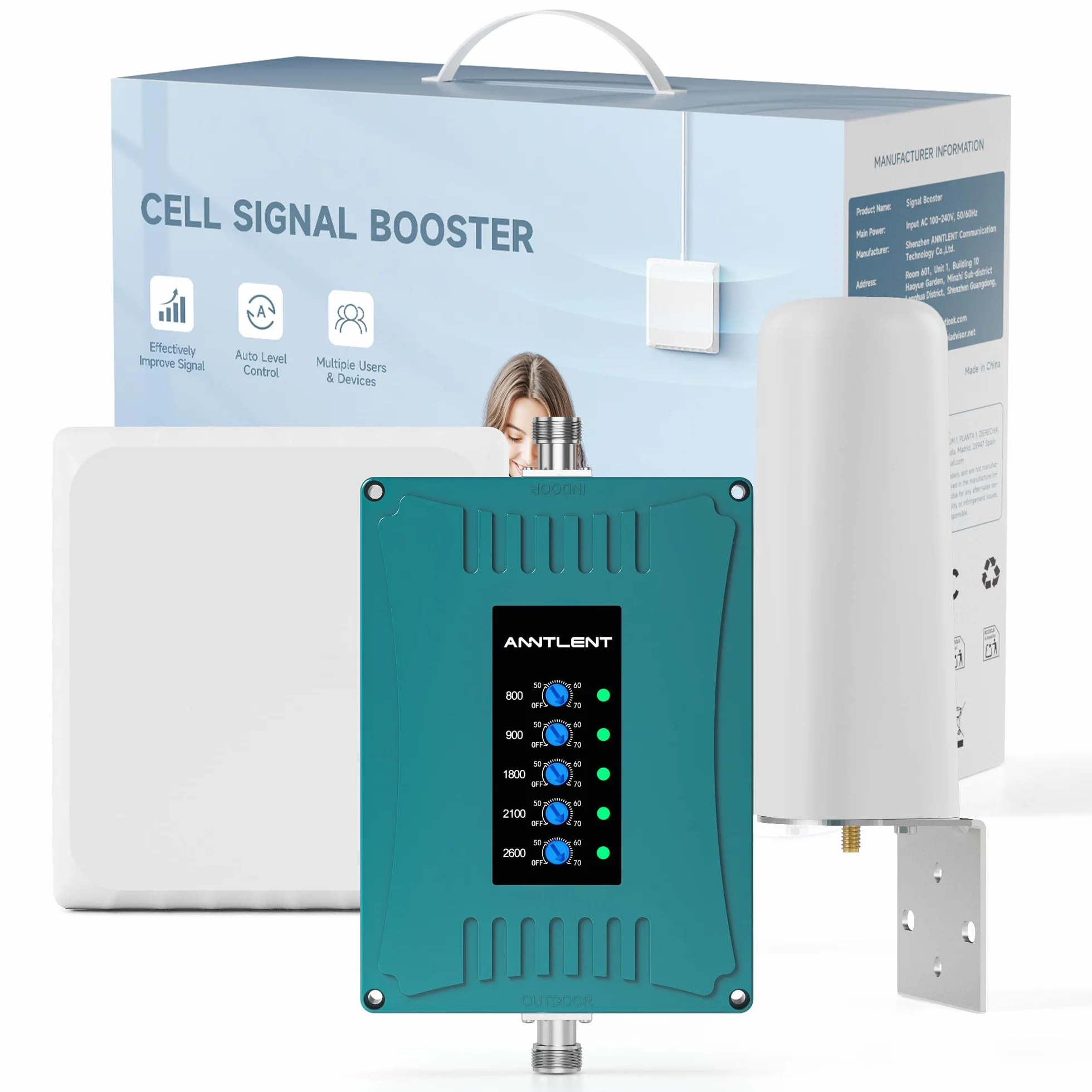 ANNTLENT Ripetitore 4G 3G 2G Amplificatore Segnale Cellulare Mobile Ripetitore Segnale GSM/LTE/DCS/WCDMA, Bande 1/3/7/8/20, Per Urbano/Rurale/Seminterrato/Casa ecc, Supporta Tutti Gli Operatori