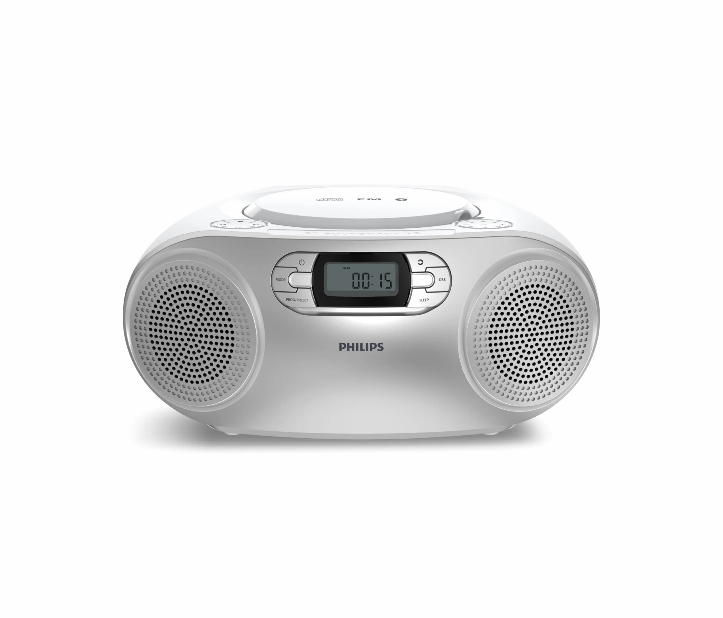 Philips TAZ2000 CD Soundmachine portatile CD con Radio FM, Bluetooth 6.0, Riproduzione USB, Ingresso audio, Boost bassi dinamici, Altoparlanti stereo 6W, CA/Batteria, Maniglia – Argento