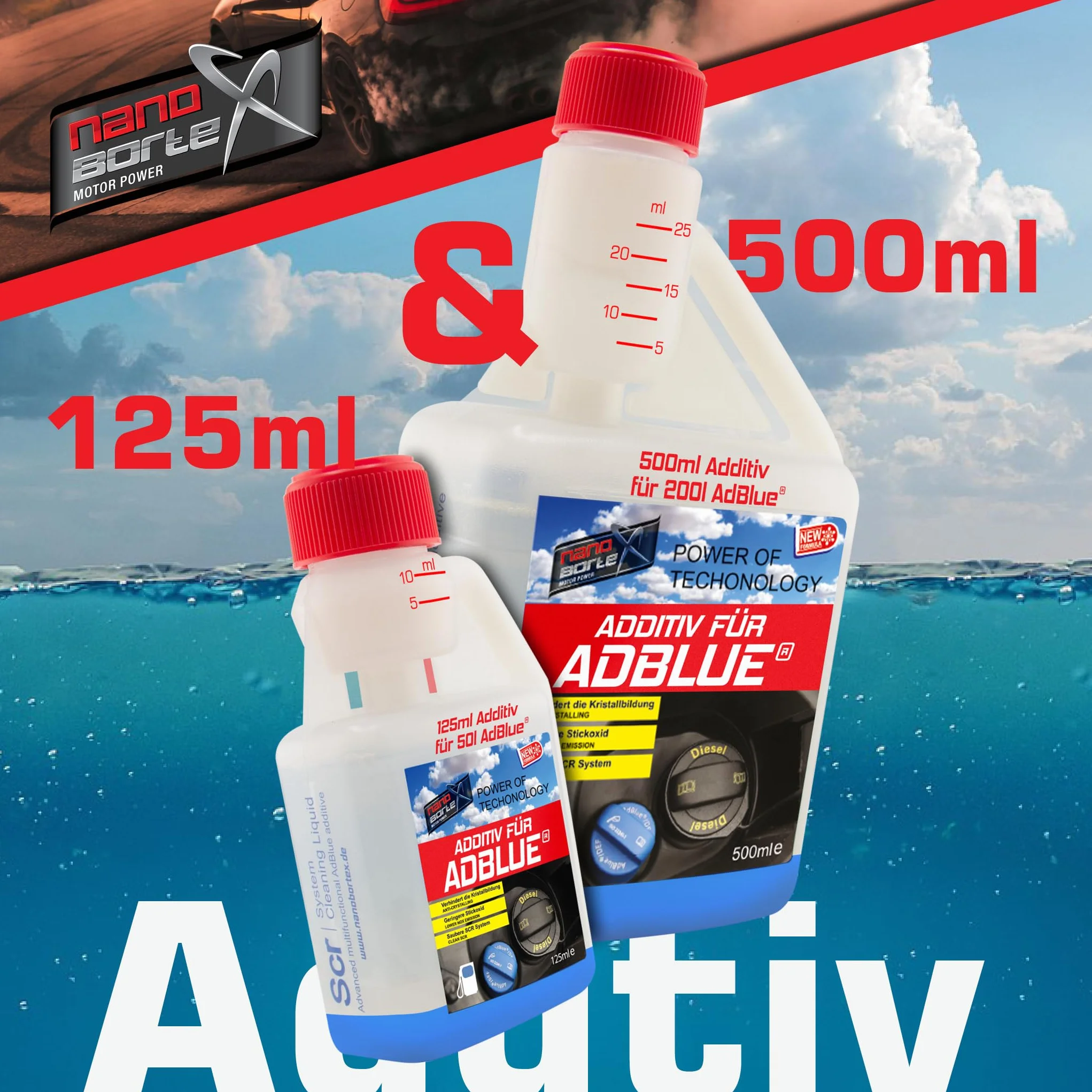 NanoBorTeX Additivo per AdBlue® – SCR Cleaner contro la formazione di cristalli e pulisce il sistema SCR, migliora le prestazioni del catalizzatore e garantisce una pulizia efficace dei gas di scarico