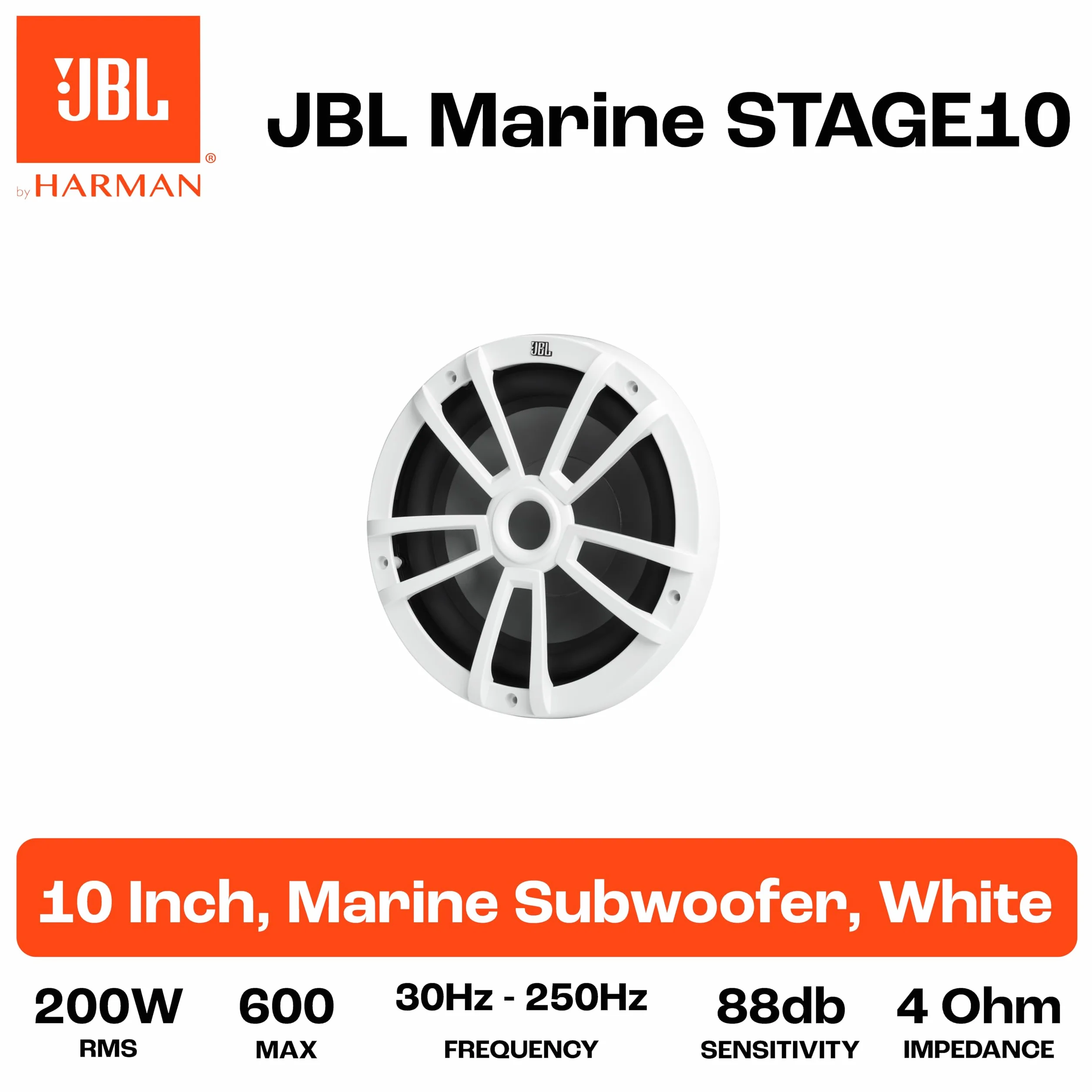 JBL Stage Marine 10 Subwoofer 250mm con 200W RMS e 600W Peak 88dB sensibilità 30Hz–250Hz 4 ohm design marino resistente ideale per imbarcazioni offrendo bassi profondi e prestazioni affidabili