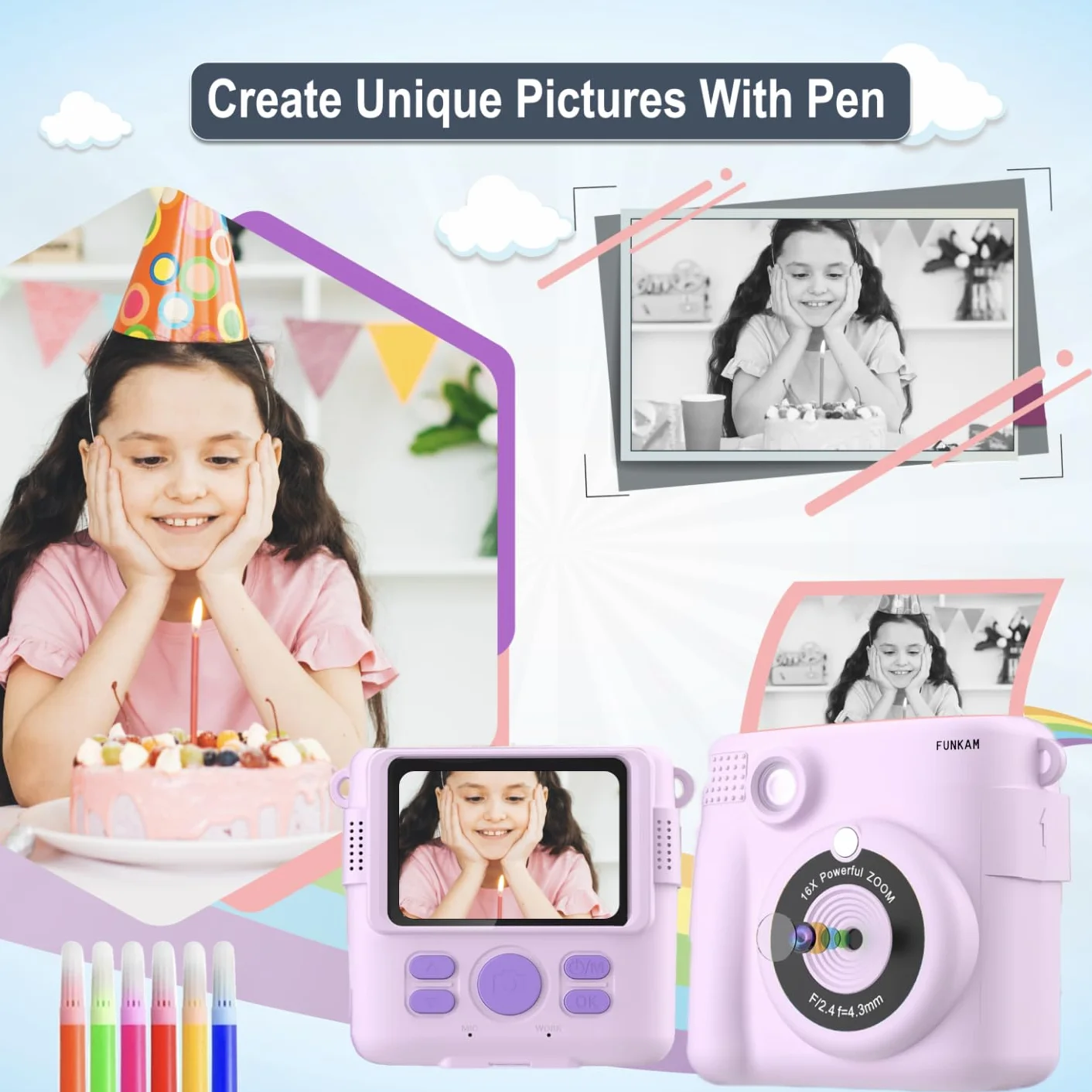 Macchina Fotografica Bambini Istantanea, 2,4" HD 1080P con scheda SD 32GB, 5 pennarelli, adesivi, 5 rotoli di carta, ciondolo. Fotocamera Bambini e ragazze dai 3 ai 14 anni. (Viola)