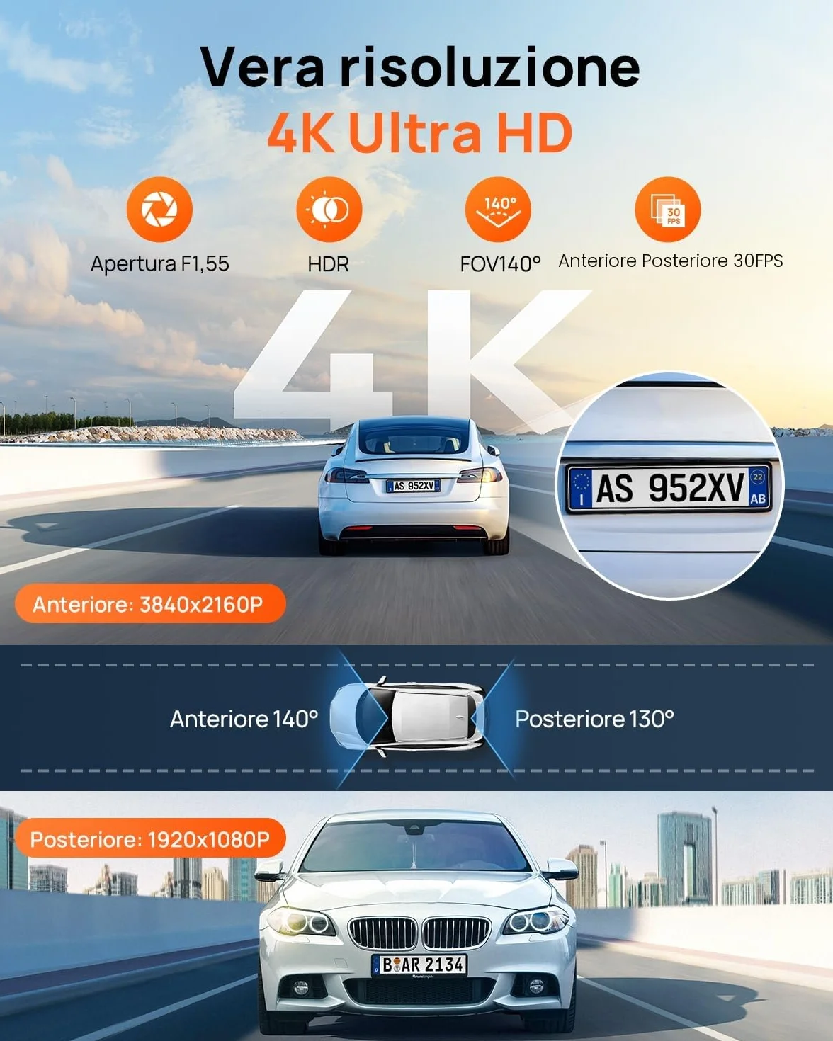 70mai A800SE Dashcam 4K+1080P GPS WiFi Doppia Telecamera Fronte/Retro con SD 128GB F1.55 HDR Visione Notturna ADAS Schermo 3" Parcheggio 24/7