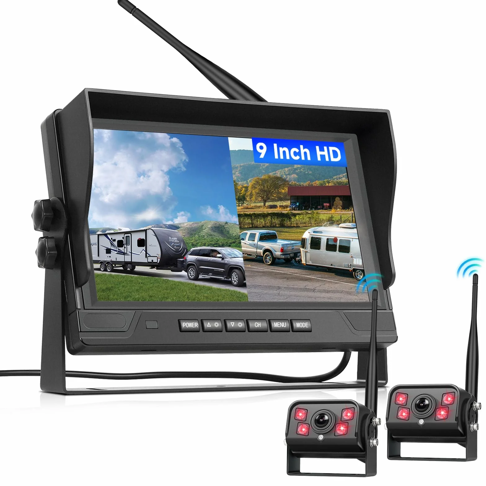 VECHTEL Kit Telecamera Posteriore IPS HD 9 Pollici senza Fili con 2 Telecamera, BSD/DVR, Telecamera Retromarcia Auto Wireless Impermeabile IP68 con Visione Notturna per Camion, Camper, Furgoni