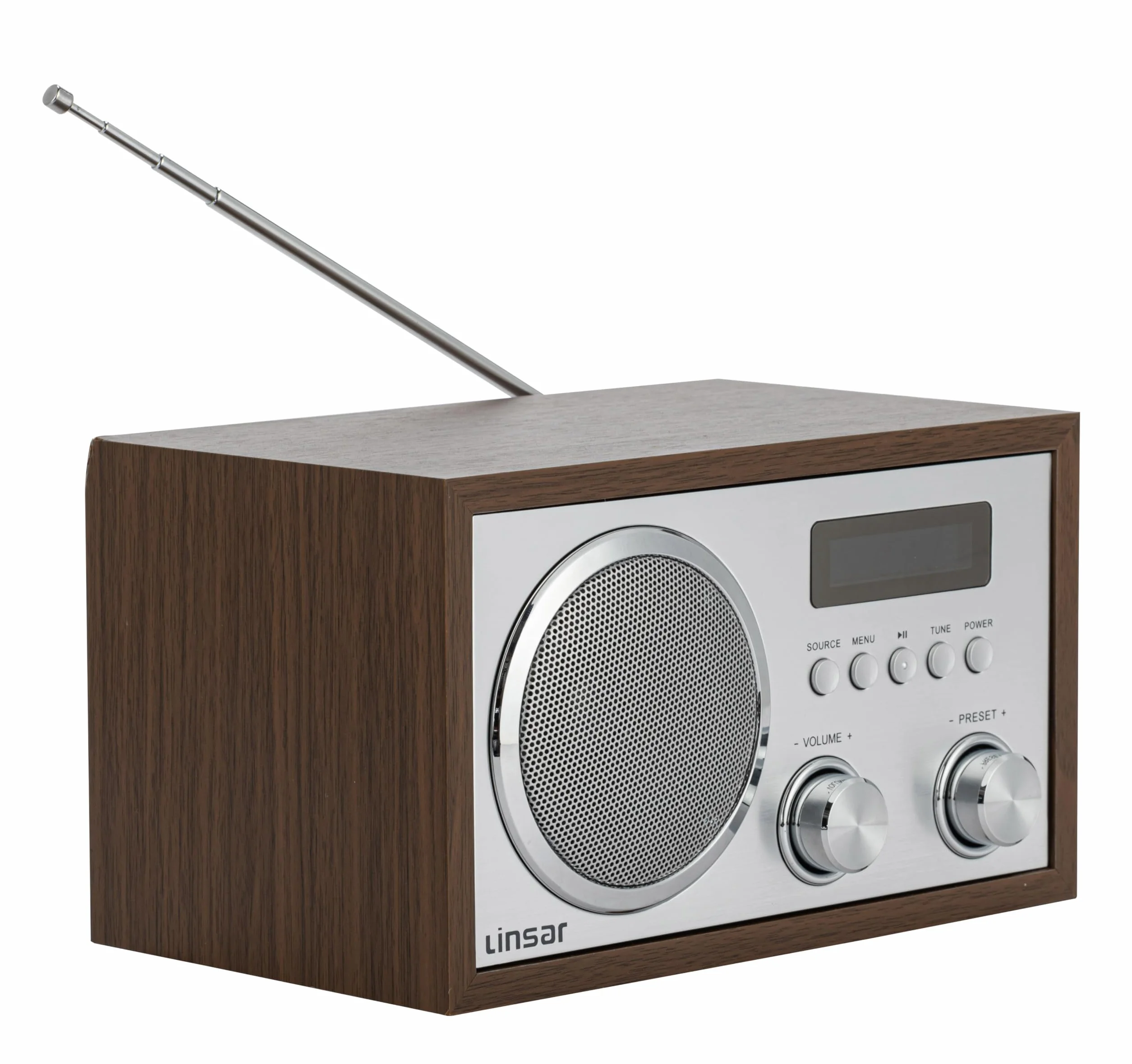 Linsar Radio nostalgica in legno con sintonizzazione digitale FM/DAB, porta USB, BT wireless, altoparlante mono, AUX-IN, cuffie, display LCD