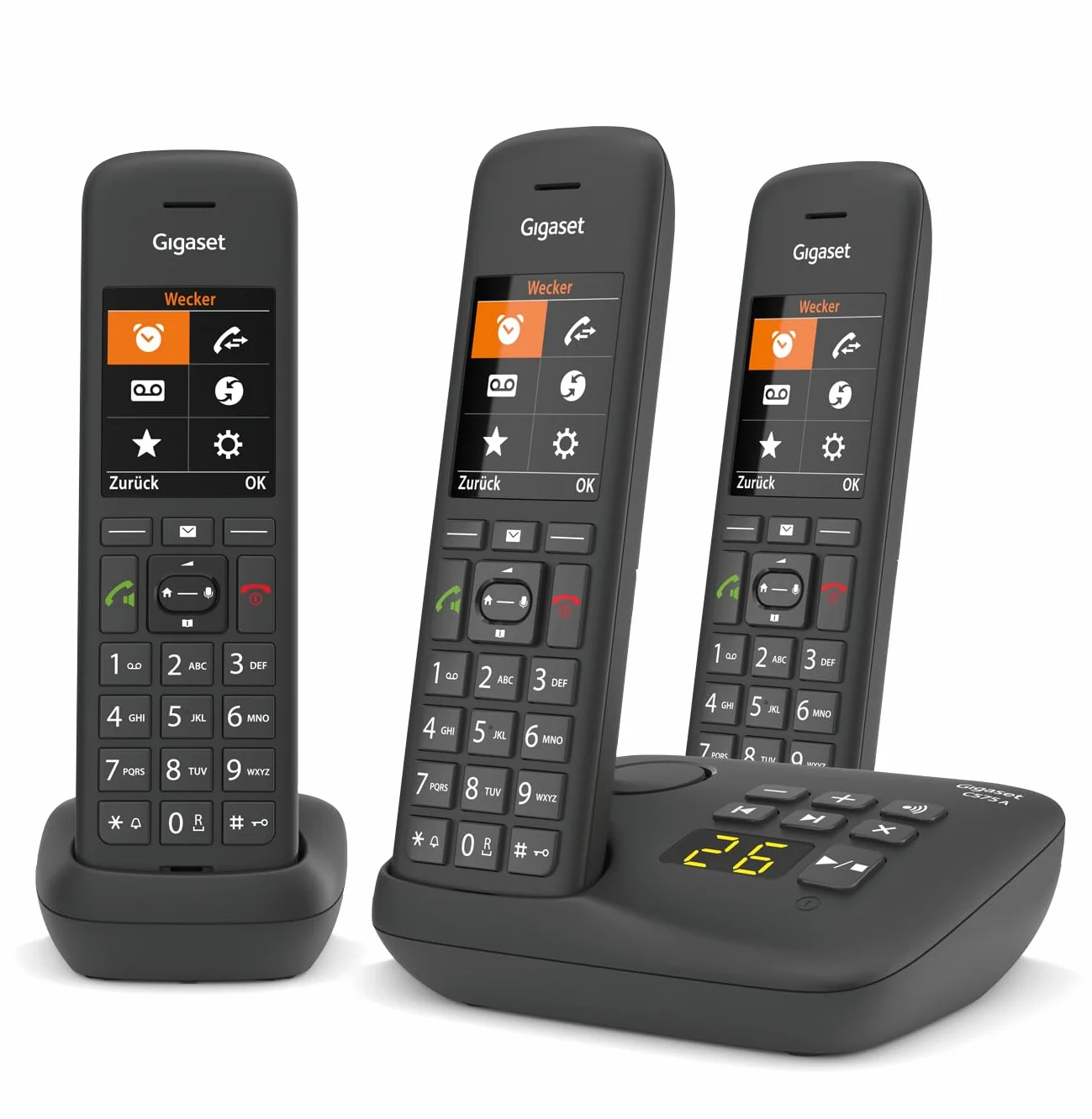 Gigaset C575A Trio - Cordless Trio con segreteria telefonica - possibilità di passare la chiamata da un portatile all'altro, Nero [Versione Italiana]