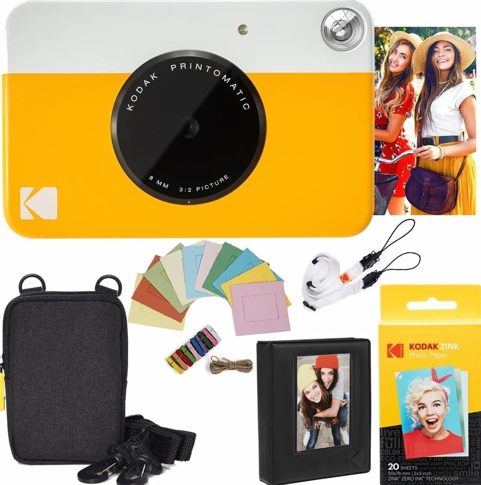 KODAK Pacchetto Deluxe per Fotocamera istantanea Printomatic (Gialla) + Carta Zink (20 Fogli) + Custodia Deluxe + Album Fotografico + cornici appendibili + Comoda Tracolla