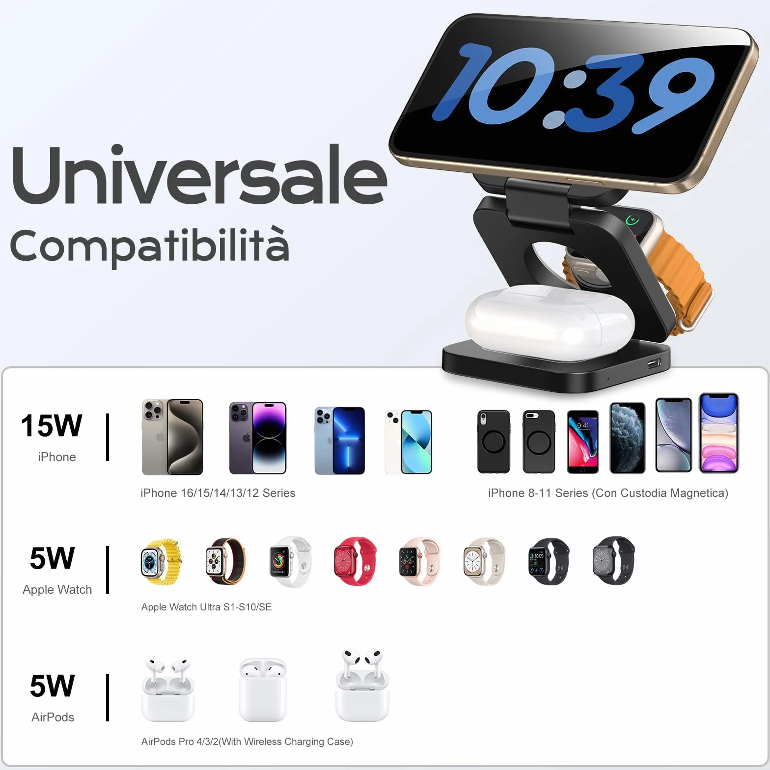 KU XIU Stazione Ricarica per Apple, 3 in 1 caricatore wireless per iphone, supporto magnetico pieghevole per iPhone 17/16/15/14/13/12, caricabatterie rapido da 5 W per Apple Watch, per Airpods
