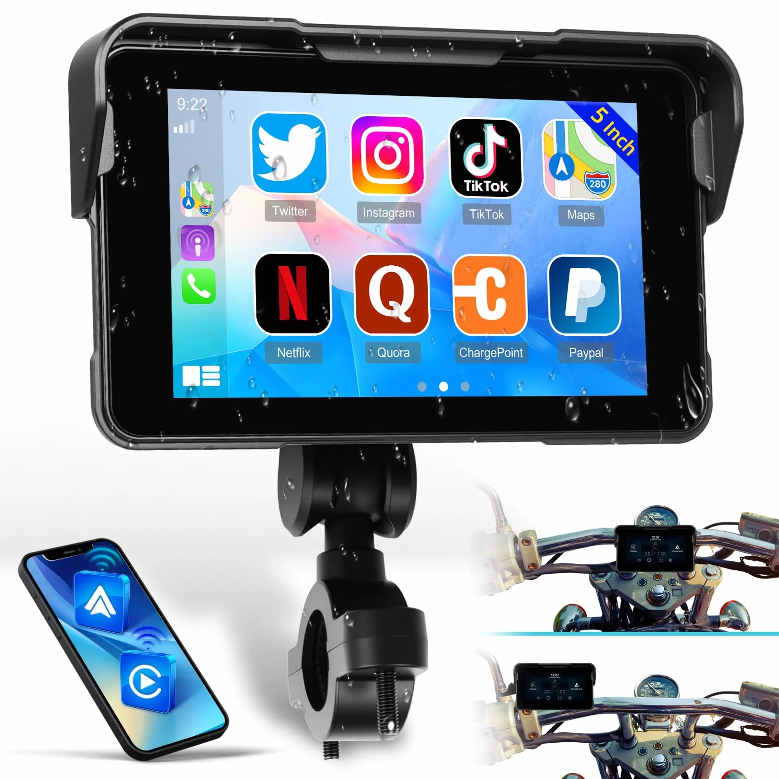 Schermo Carplay Portatile per Moto, Carplay Wireless e Android Auto per Moto, Schermo Touchscreen Impermeabile IP68 da 5 Pollici per Moto, Supporto GPS, Mirror Link, Bluetooth, Porta TF
