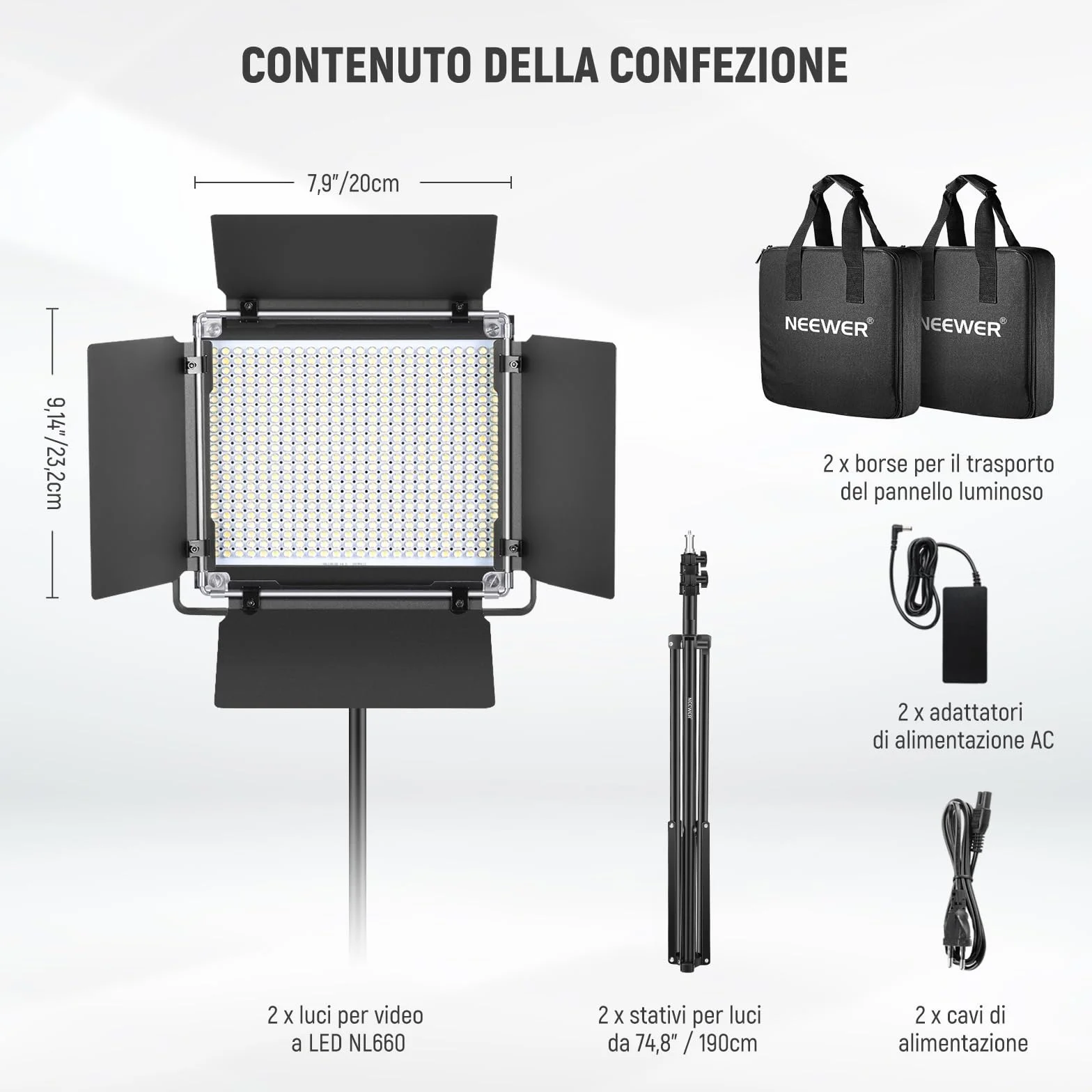 NEEWER 660 Pannello Luce LED Fotografia Kit d’Illuminazione:Luci Video Bicolore Dimmerabile 3200-5600K CRI 96+ & 190cm Cavalletto, Faretto LED Fotografico per Riprese Video e Foto Studio