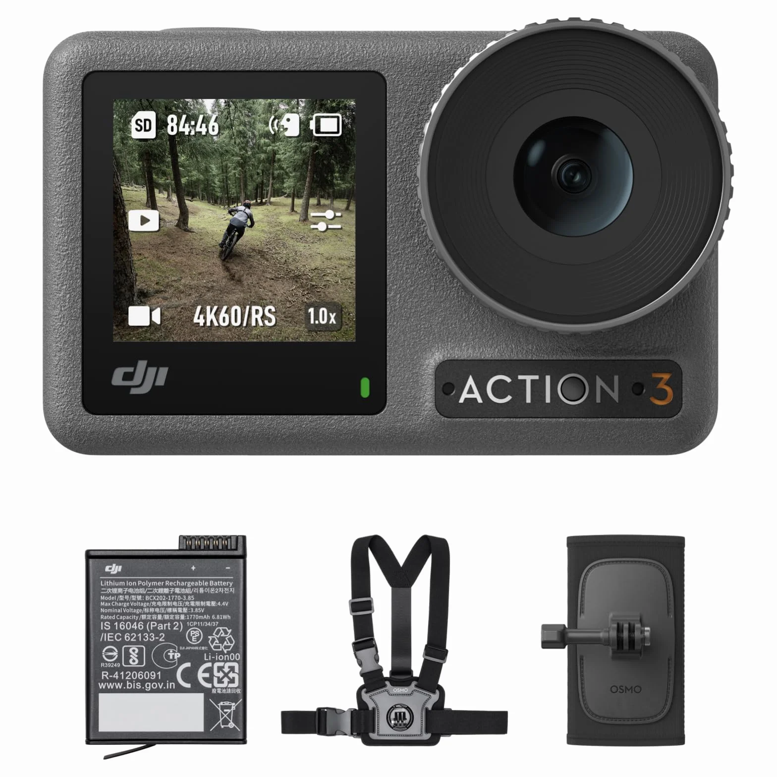 DJI Osmo Action 3 Outdoor Combo - Action cam 4K/120 fps con cintura pettorale e da zaino per escursioni e ciclismo, FOV ampissimo, HorizonSteady, resistente al freddo, fino a 320 min con 2 batterie