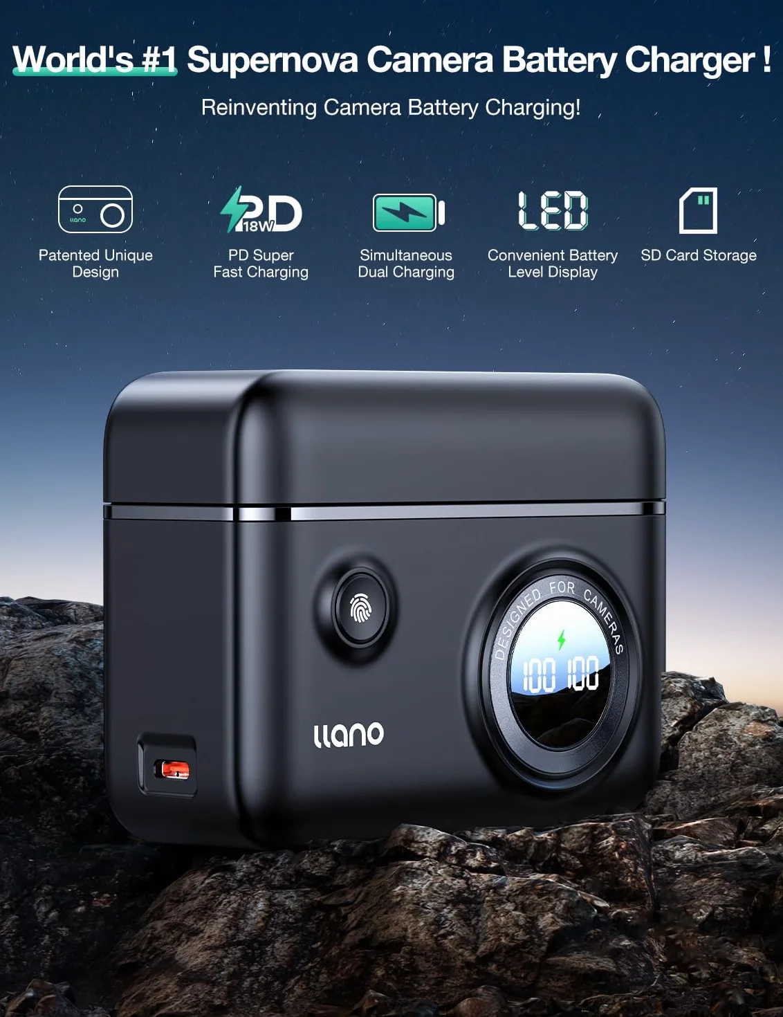 llano LP-E6NH LP-E6P Caricatore rapido doppio USB-C 18W compatibile con Canon EOS R5, R6 Mark II, 5D 6D 7D Mark II III IV, 5Ds, 60D, 70D, 80D, 90D, Smart Digital Display, copertura a scatto magnetico