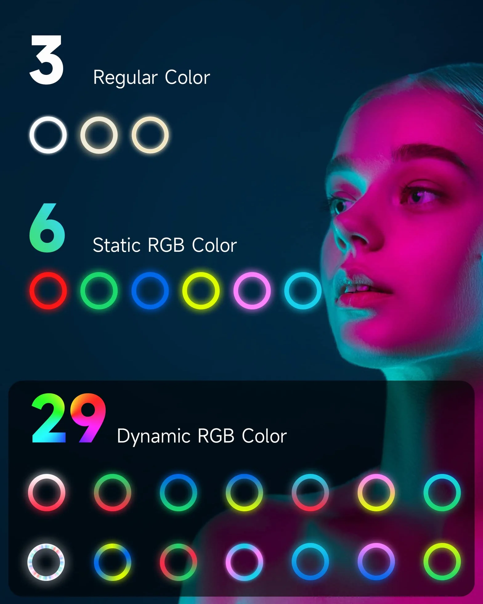 QIUOIO Ring Light con Treppiede Alto, 35 Modalità RGB, 3 Effetti Luce, 10 Luminosità Regolabile, per Smartphone Shooting