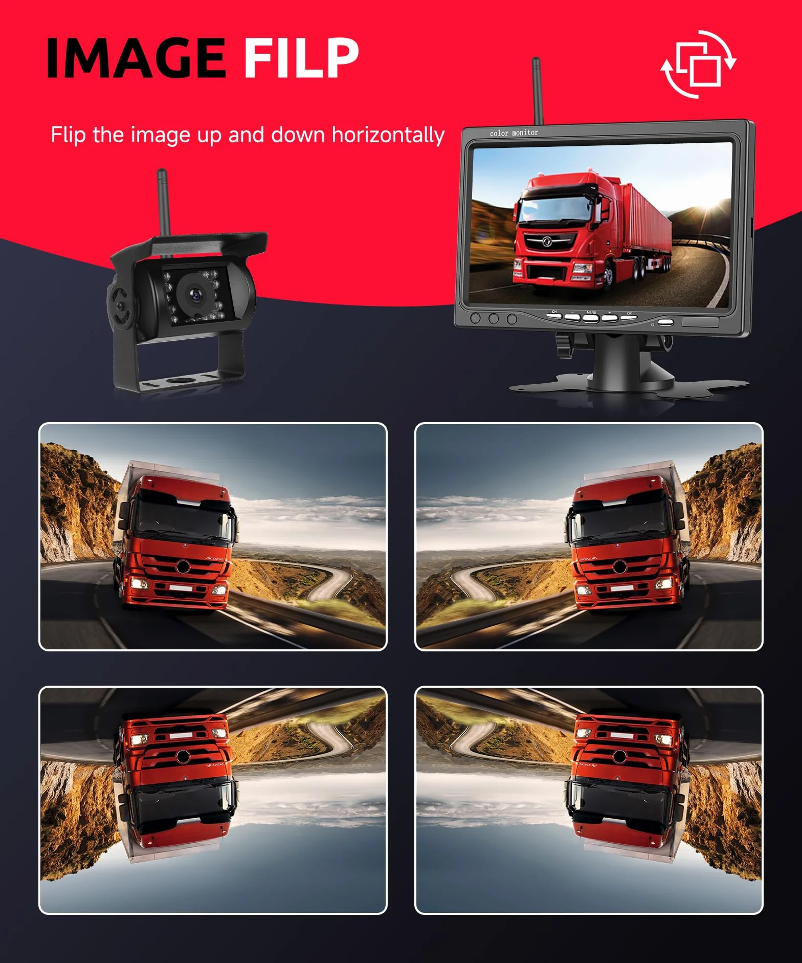 Digitale Senza Fili Telecamere Retromarcia Kit, 7 Pollici IPS Monitor con Visione Notturna IP68 Impermeabile, BSD, Image Flip, Wireless Telecamera Posteriore Auto Camion/Bus/Furgone/Camper/Rimorchio