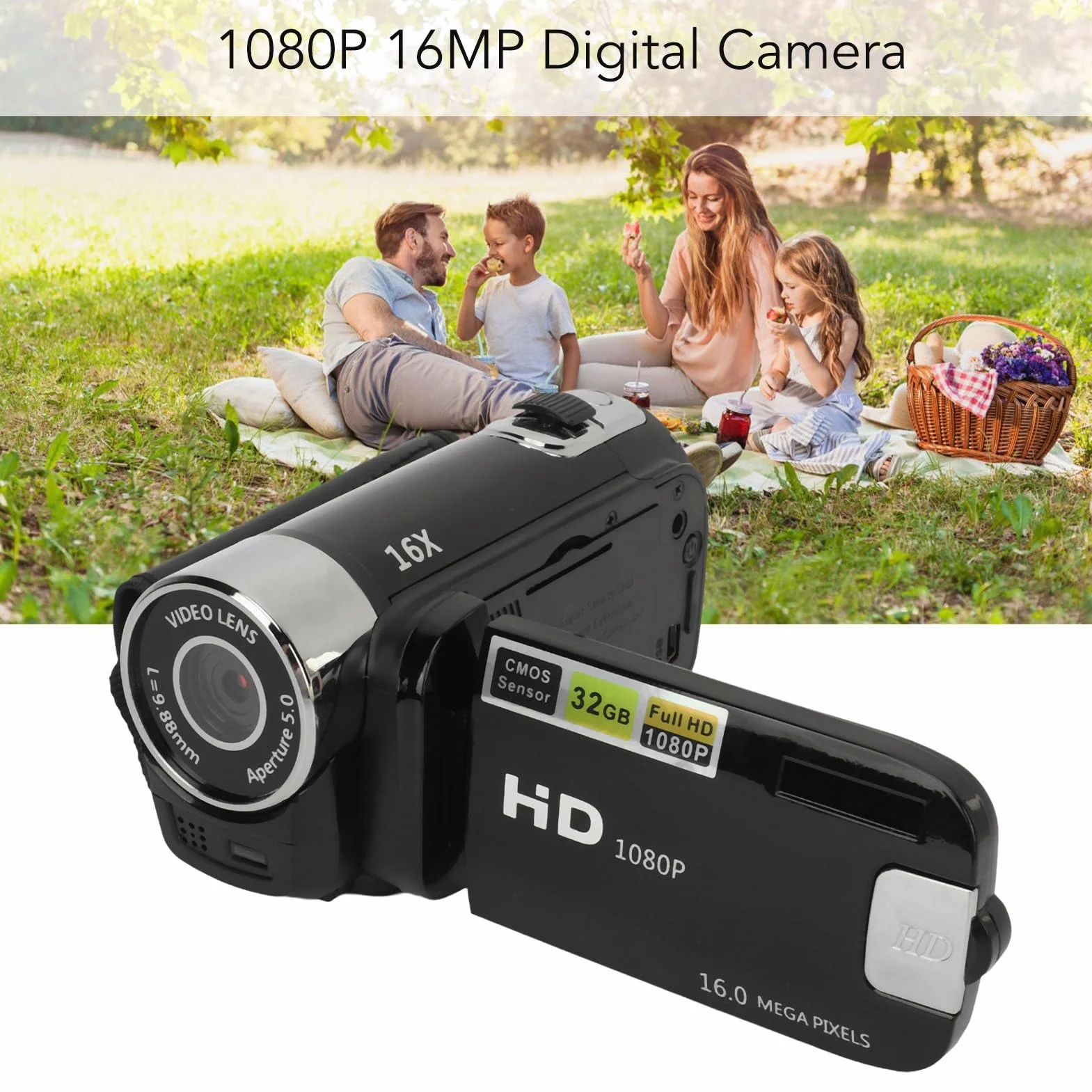 Videocamera, Registratore per Fotocamera Digitale 1080P 16MP, Schermo Ruotabile da 2,4 Pollici Videocamera con Zoom Digitale 16X con Luce di Riempimento (BLACK)