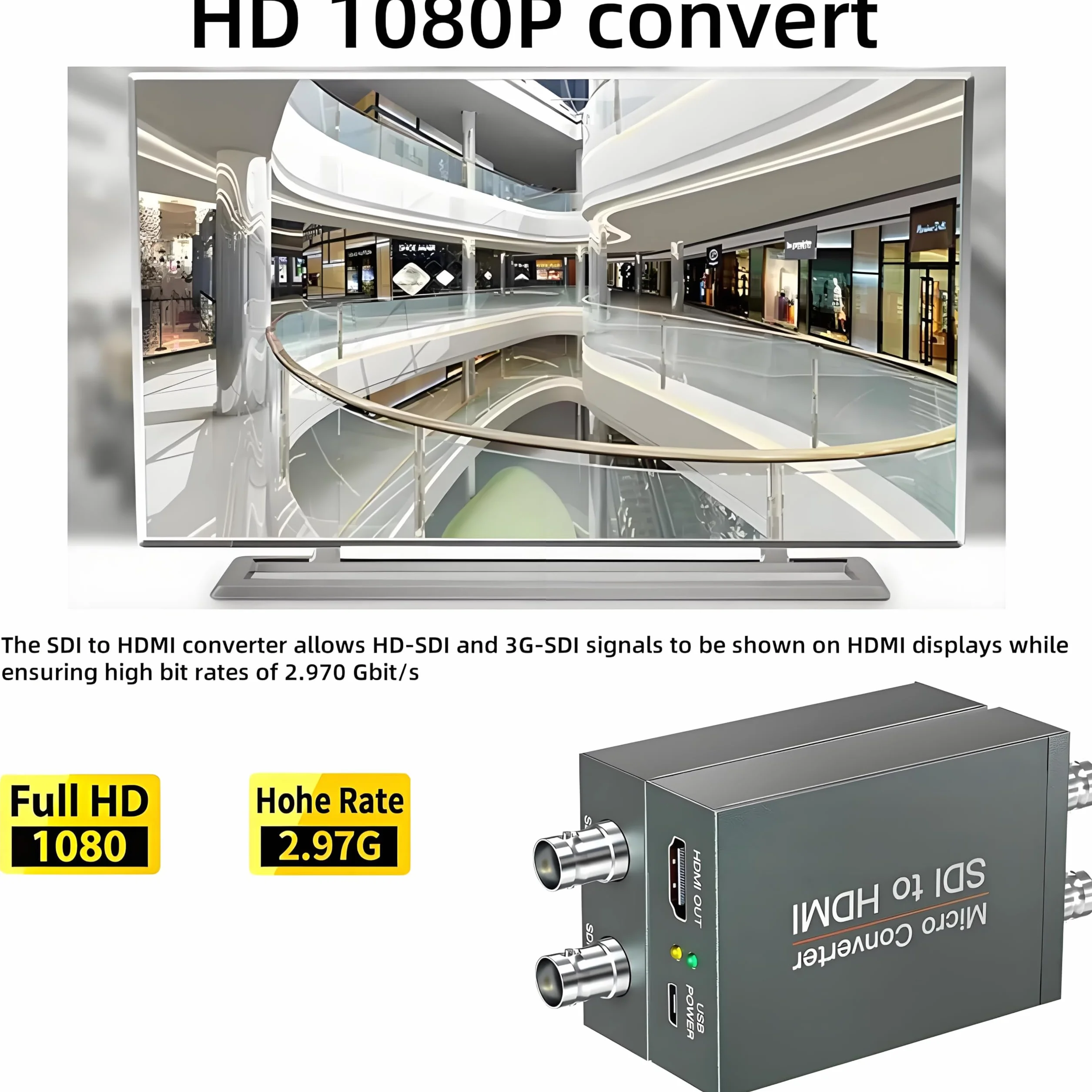 Queen.Y Convertitore da SDI a HDMI 3G-SDI HD Adattatore 1080P con Alimentatore SDI Loopout