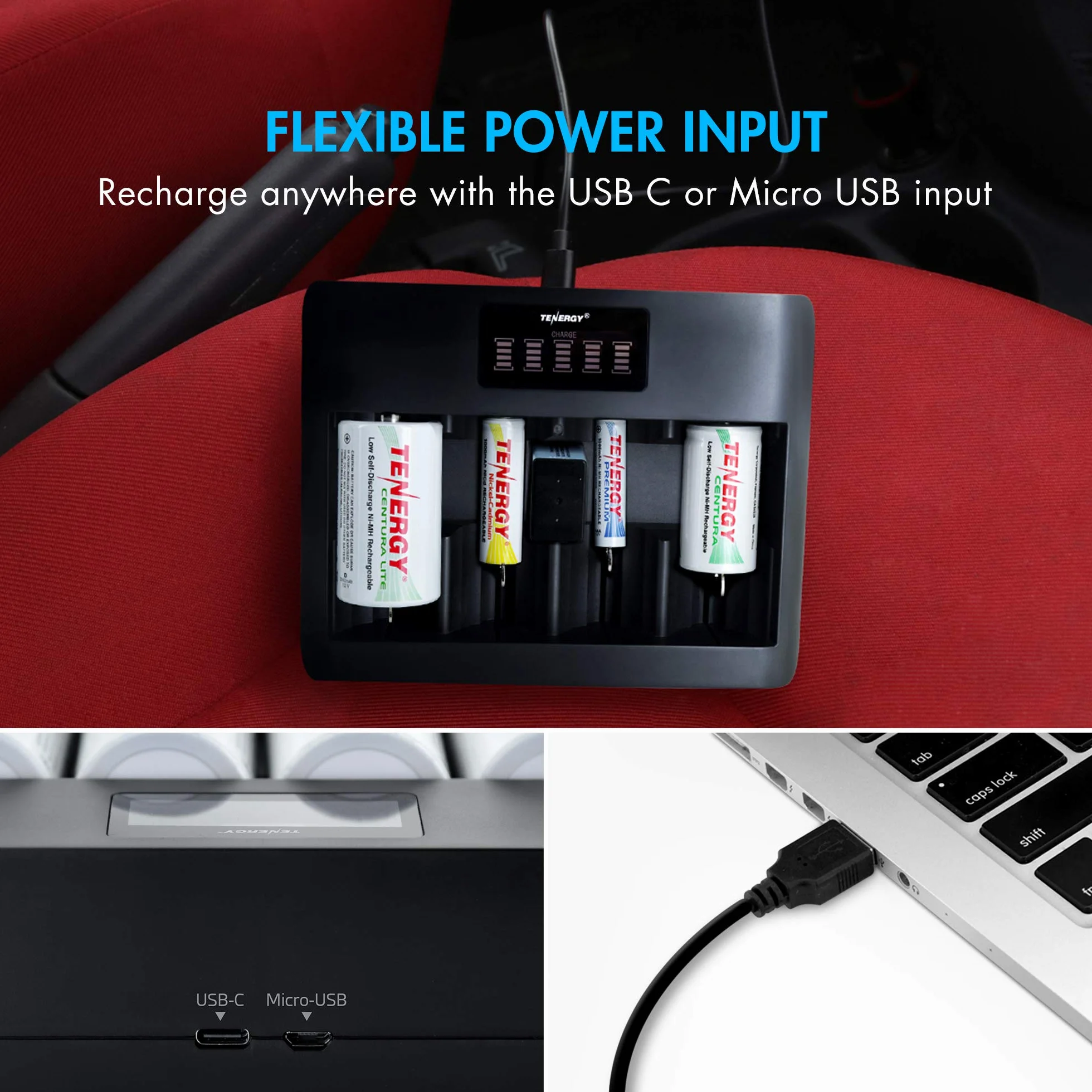 Tenergy Confezione da 4 batterie Centura Lite D Size e caricabatterie universale TN486U a 5 alloggiamenti con LCD, ingresso micro USB/tipo C