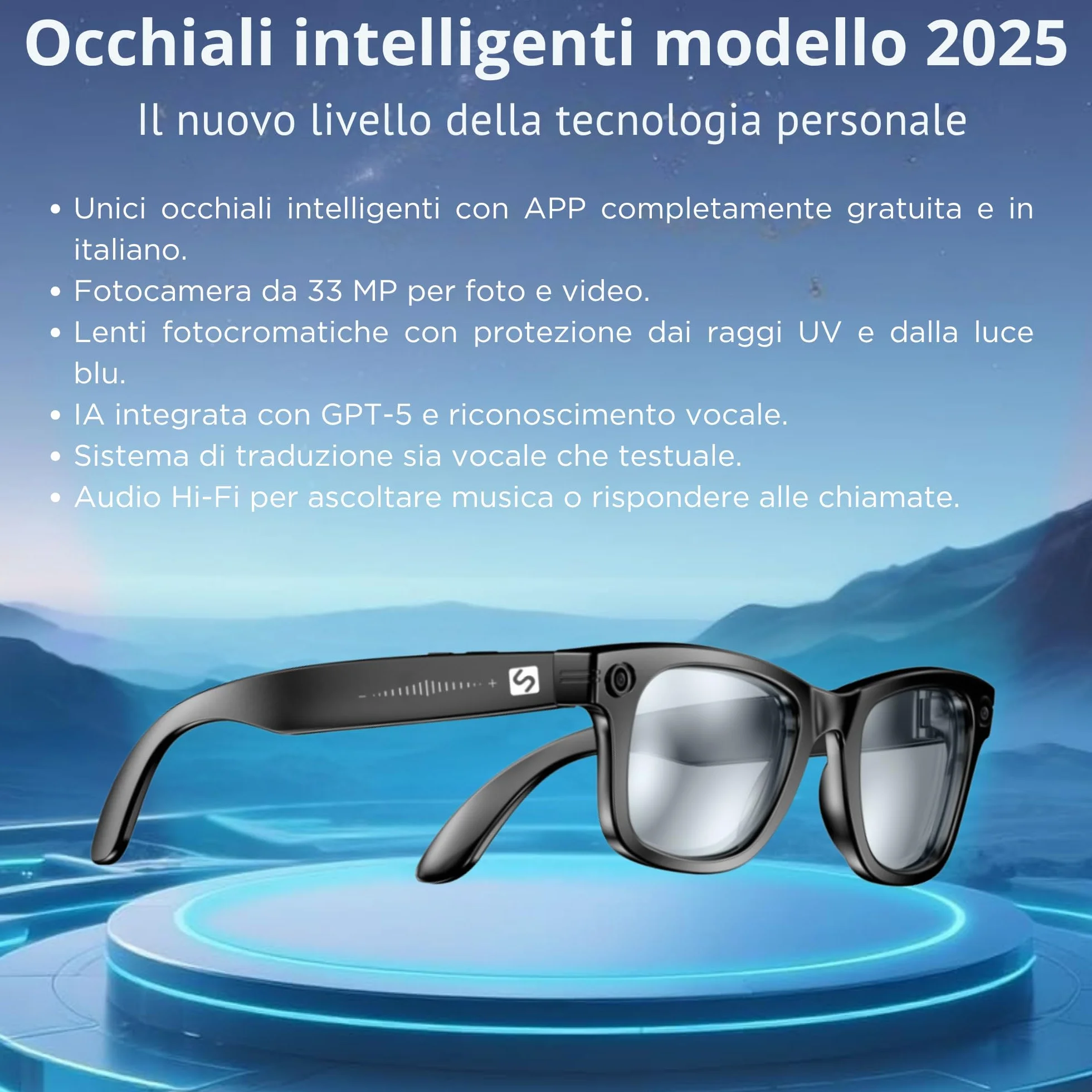 smartia – Occhiali Intelligenti con fotocamera, App inclusa in italiano, Occhiali Bluetooth a mani libere con IA GPT 5 integrata per voce, Occhiali fotocromatici e traduzione in 20 lingue