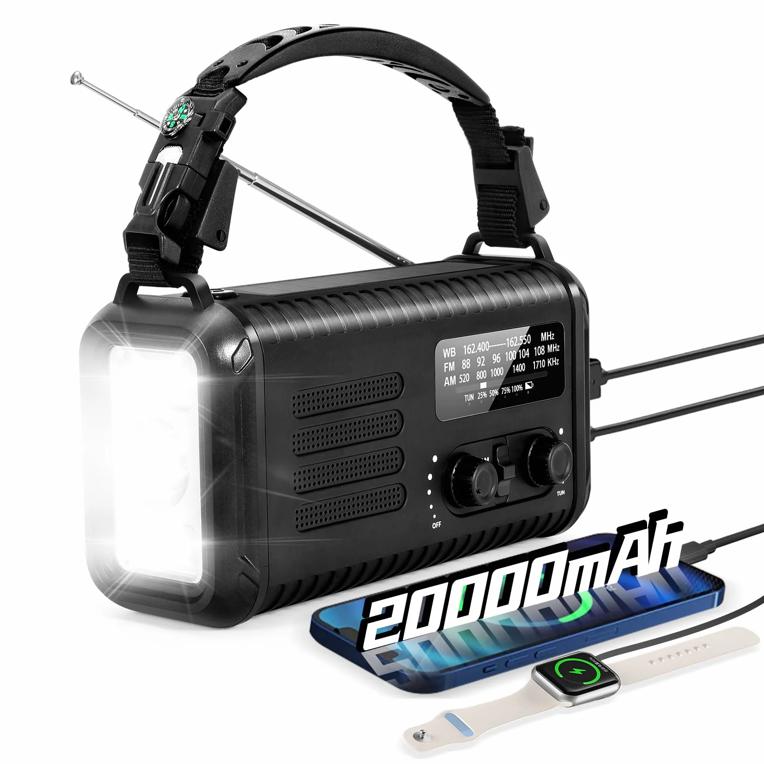 Radio meteorologica di emergenza 20000 mAh AM/FM/NOAA a manovella con torcia e lampada da lettura