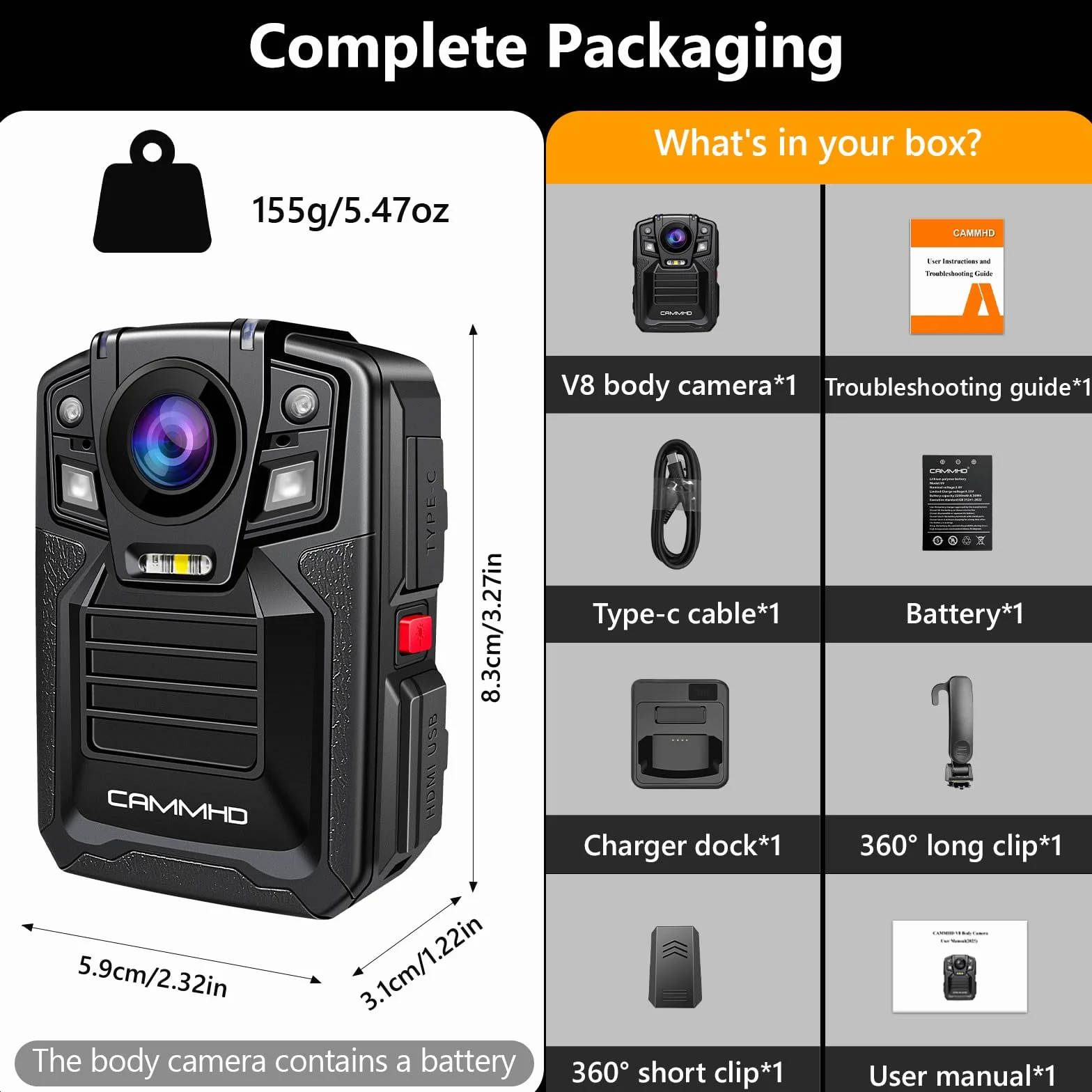 CAMMHD V8 Pro 256G 4K Body Cam Due Batterie 4400mAh 14 Ore Codifica Video H.265 2160P Bodycam Polizia Professionale UHD Visione Notturna Body Camera con Base di Ricarica per la Sicurezza