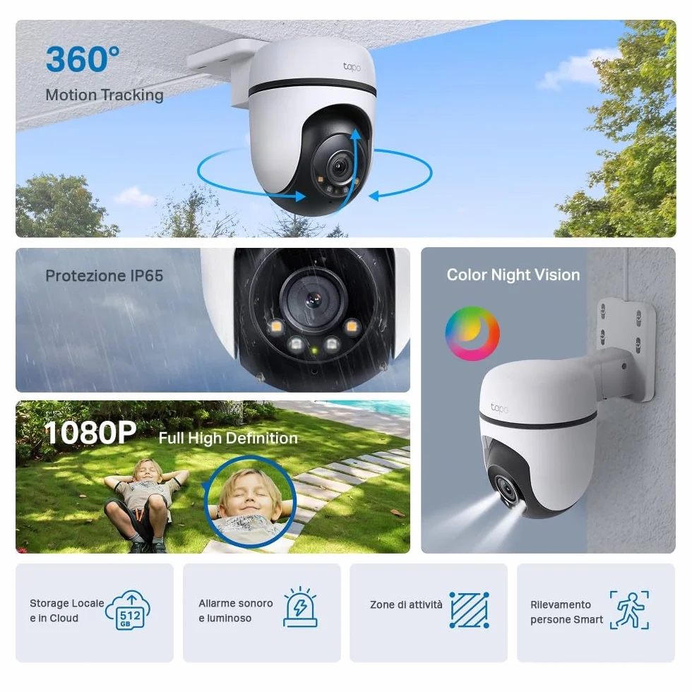 Tapo C500 Telecamera Wi-Fi Esterno FHD 360° IP65 Visione Notturna a Colori Rilevamenti Smart AI