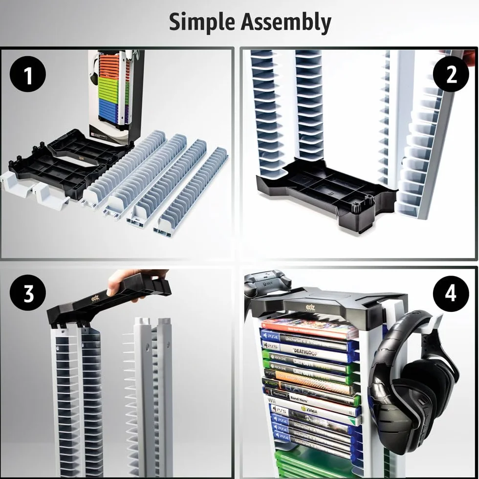 ADZ Universal Game Holder – 23 Ripiani per Archiviazione Giochi per PS2 PS3 PS4 PS5 PSP Xbox 360 Xbox One Series X Wii Switch Giochi DVD e Dischi Blu-Ray. Include 2 Supporti per Controller