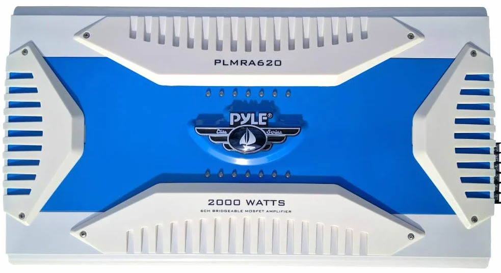 1 amplificatore marino 6 canali compatibile con PYLE PLMRA620 2000 watt max 4x175 + 1x400 watt rms stabile 2 ohm barca bass boost 0 +/- 18 db, 1 pezzo