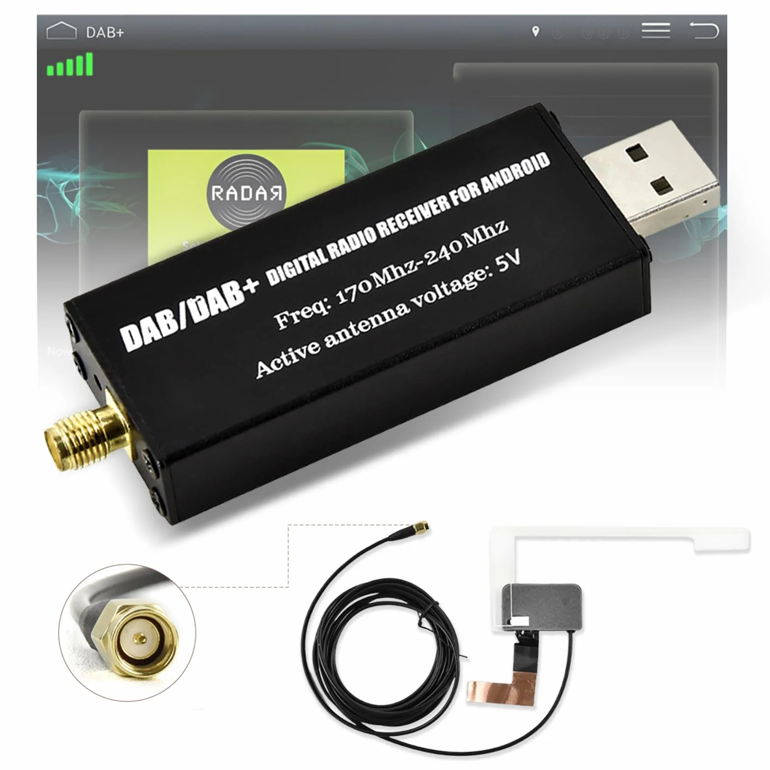 DAB Adattatore per Autoradio Android, Ricevitore Digitale DAB+ USB con Antenna Universale, Tuner Box con App, Facile Installazione Plug and Play