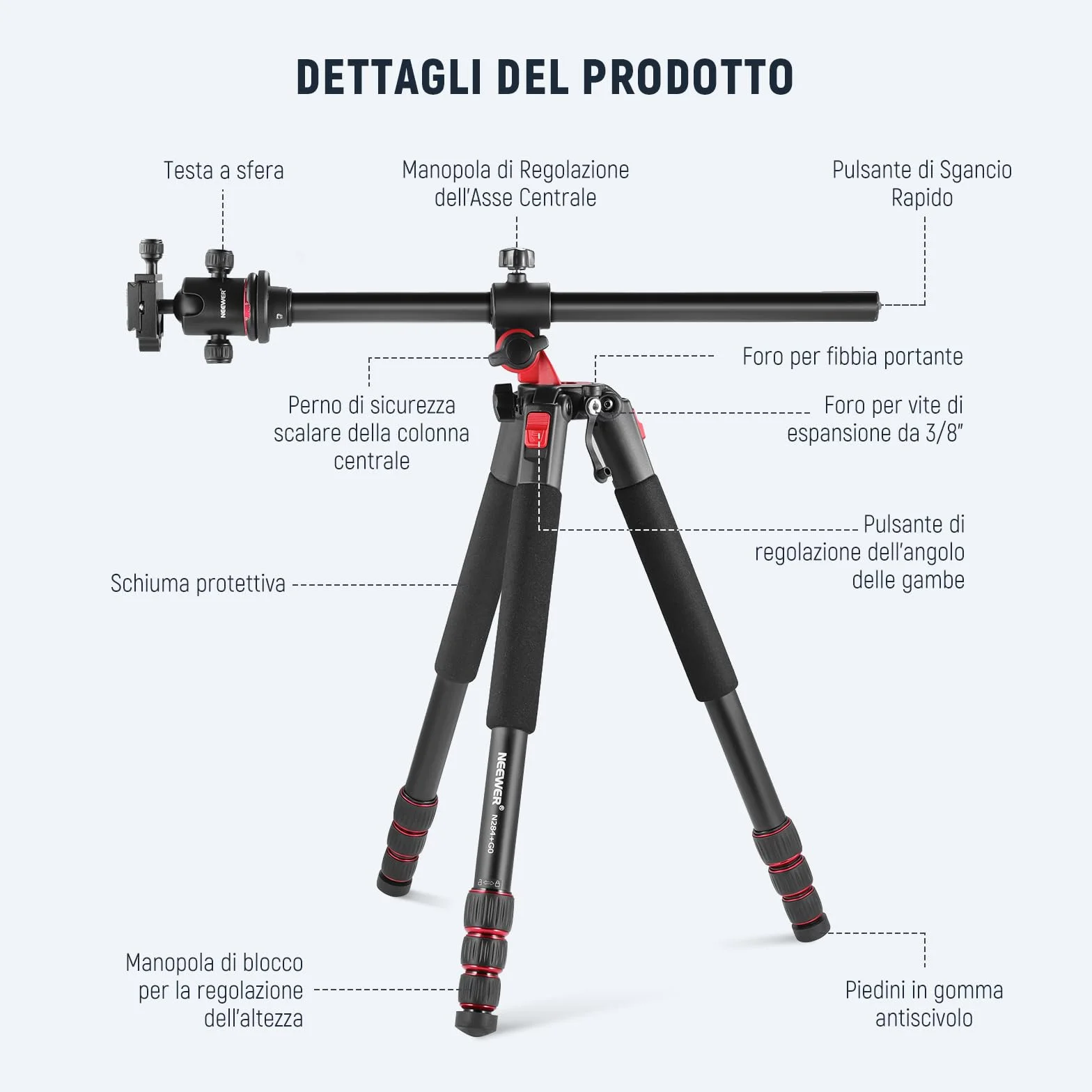NEEWER 184cm Treppiede Monopiede per Fotocamera con Colonna Centrale e Testa a Sfera in Alluminio, Piastra QR Tipo Arca, Borsa, Treppiede Braccio Orizzontale per Fotocamera DSLR, Videocamera, Max 33lb