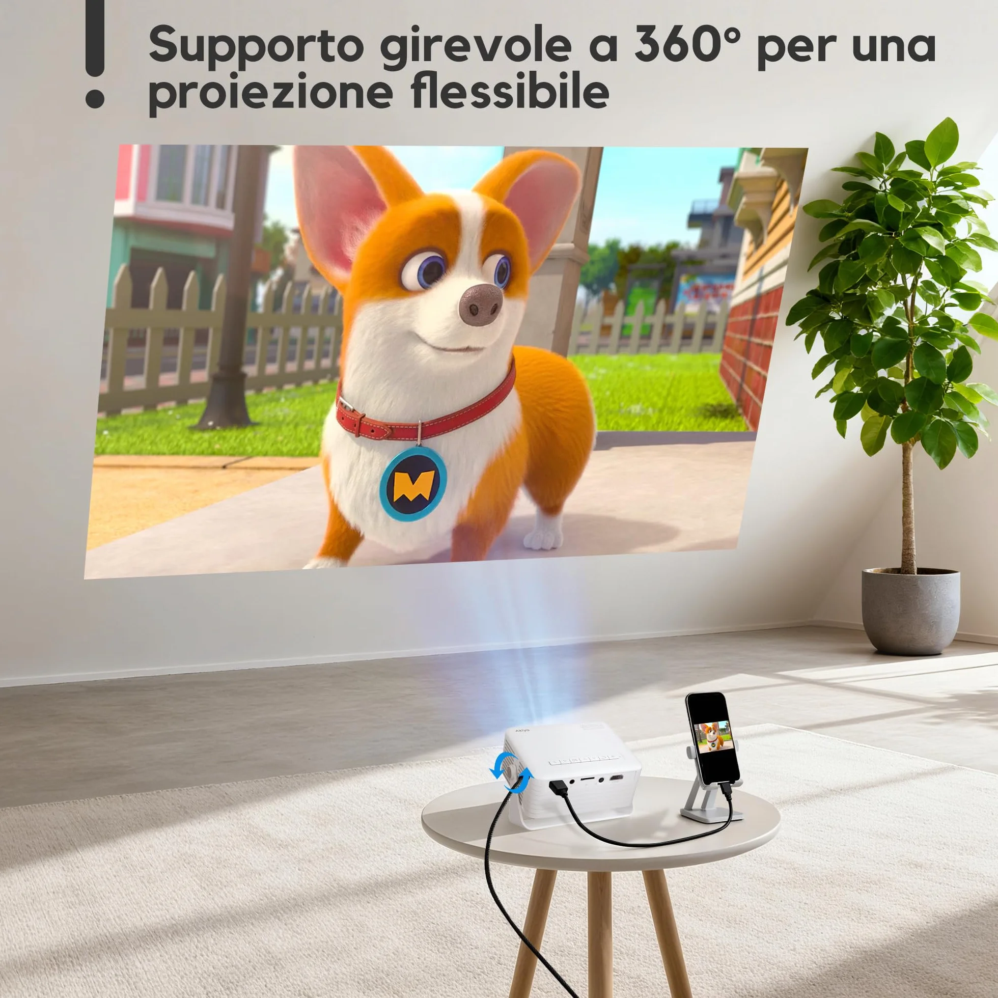 AKIYO O1 Proiettore Portatile 15000 Lumens, 4K Supporto Full HD 1080P, Auto Keystone, Rotabile 360°, per Phone/TV Stick/HDMI/USB/TF