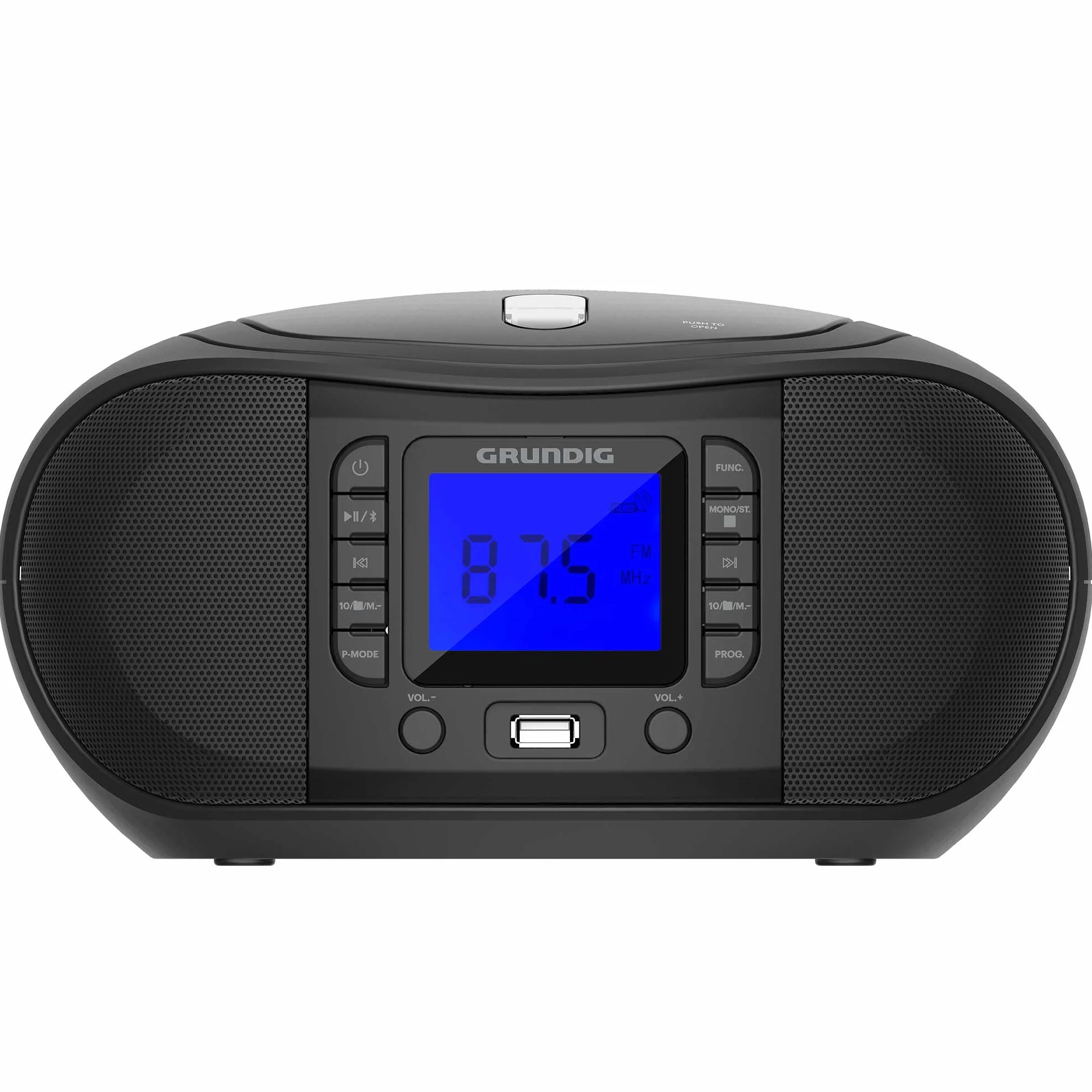GRUNDIG GRB 3500 Radio Boombox portatile con Bluetooth, lettore CD integrato, porta USB 2.0, jack per cuffie da 3,5 mm, ricevitore FM con sintonizzazione frequenza PLL, 30 stazioni di memoria, nero