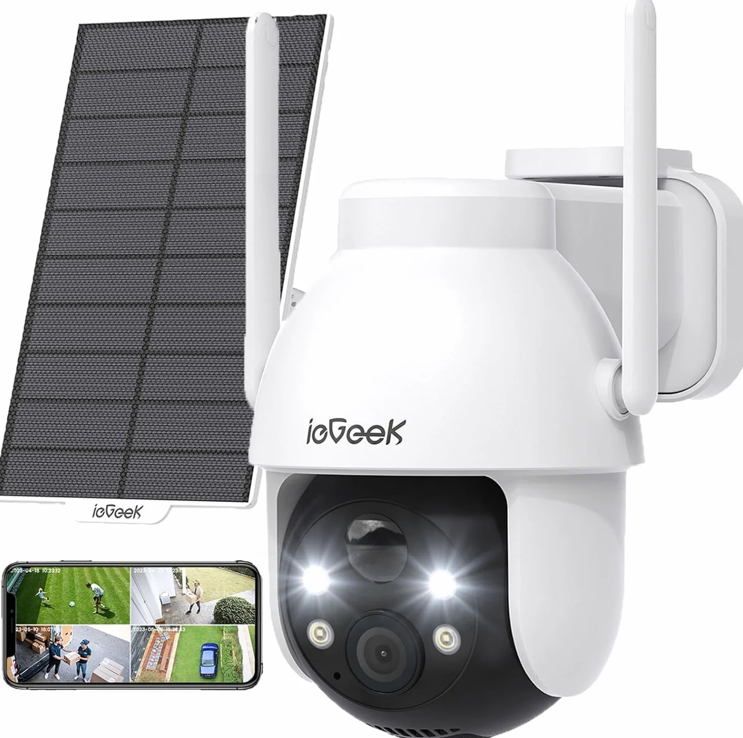 ieGeek 2K Telecamera Wi-Fi Esterno Senza Fili a Batteria 360° PTZ Videocamera Sorveglianza con Pannello Solare, Rilevazione Movimento PIR, Visione Notturna Colori, 2 Vie Audio IP65