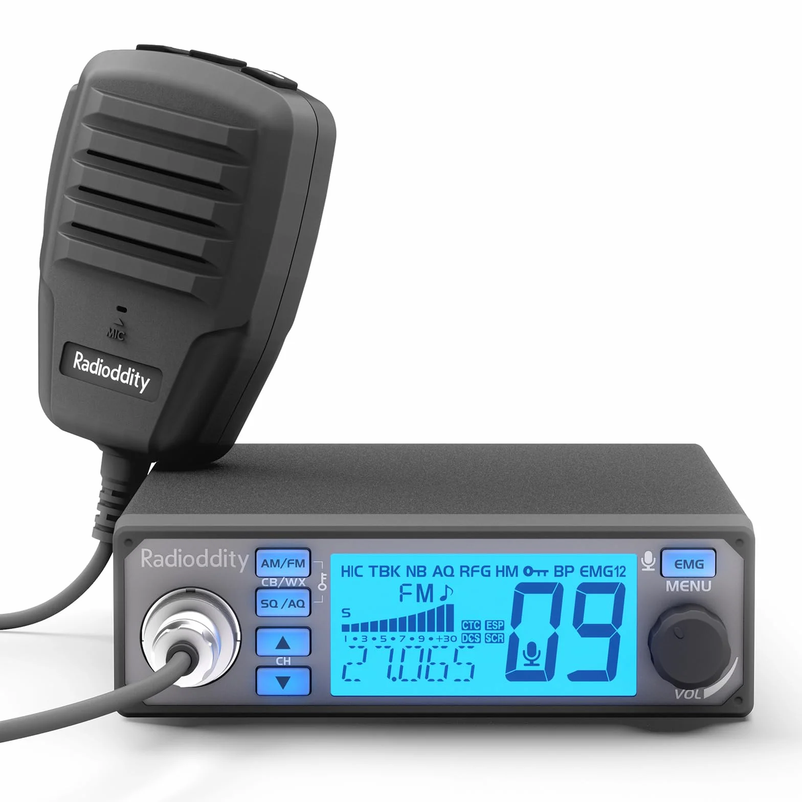 Radioddity CB-500 Radio CB 4W Ricetrasmettitore Portatile con riduzione del rumore, AM FM, Canale di Emergenza Istantanea 9/19, Microfono Portatile, Display Retroilluminato a 7 Colori, per Camionisti
