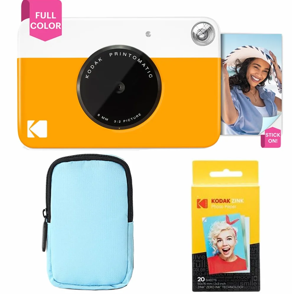 KODAK Printomatic Pacchetto iniziale per macchina fotografica a stampa istantanea a colori + Custodia morbida + Carta fotografica Zink da 20 pezzi - Foto colorate su carta adesiva 2x3" - Giallo