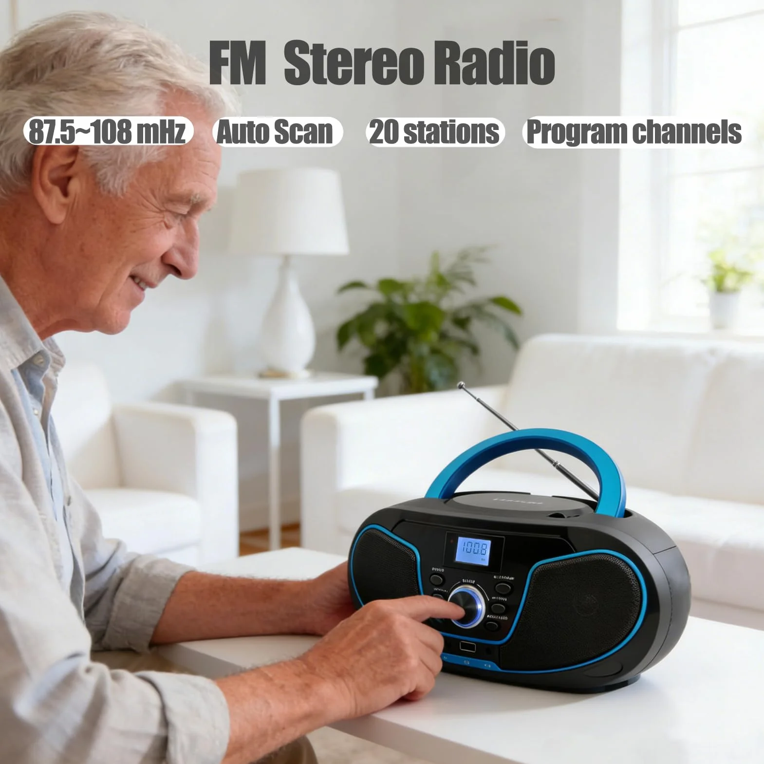 LONPOO Lettore CD Boombox Portatile - Stereo con Radio FM, Ingresso Bluetooth, USB, AUX, Uscita Auricolari, Audio Domestico Compatto, AC o Alimentato a Batteria (LP-D02)