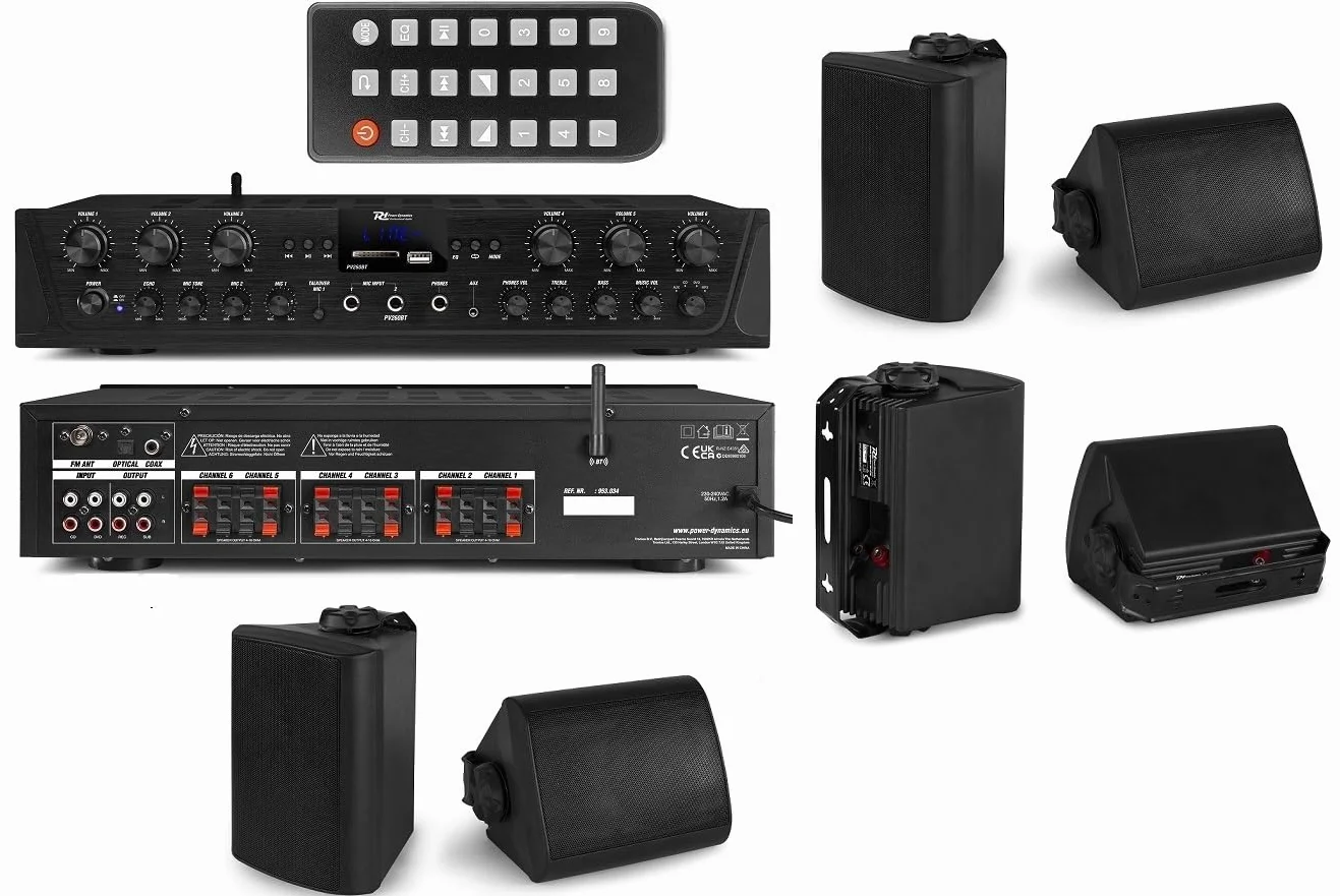 IMPIANTO AUDIO FILODIFFUSIONE 6 CANALI SEPARATI INTERNO ESTERNO CASSE DA PARETE NERE